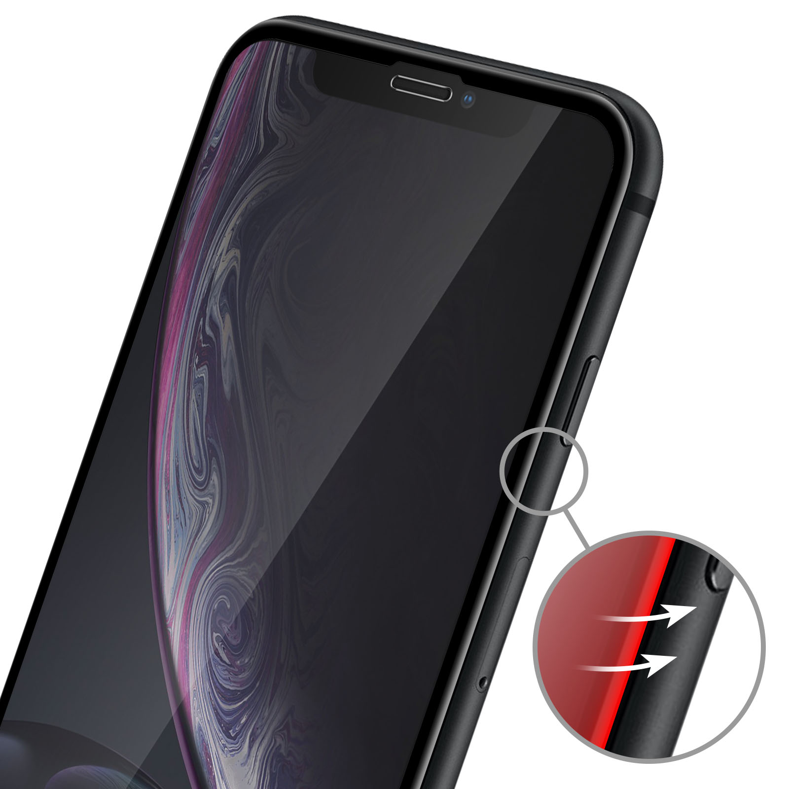 Un telefono con protezione schermo nera. Dettaglio pulsante volume ingrandito. Bordi rossi visibili.