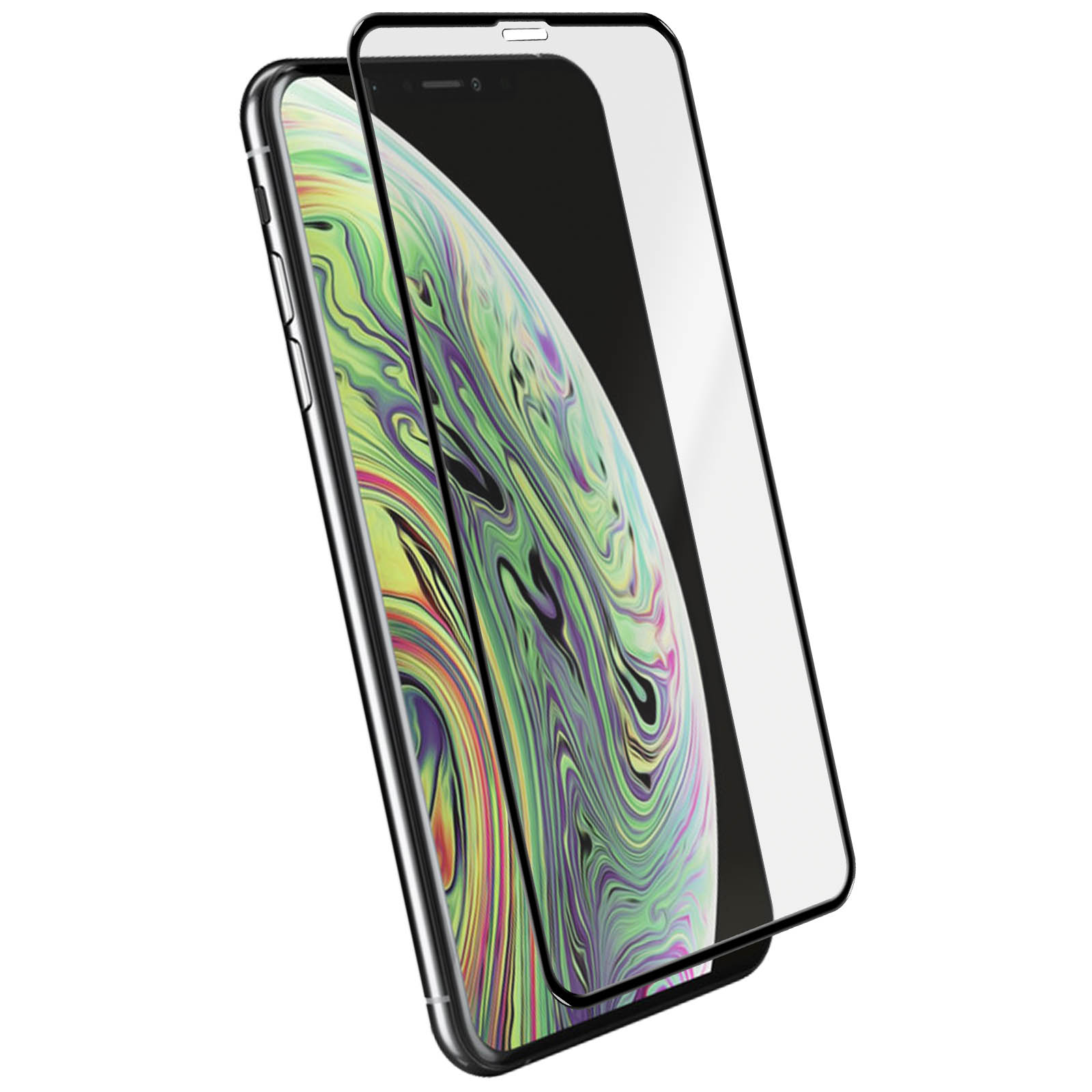 Un iPhone con una protezione per lo schermo. Lo schermo mostra uno sfondo colorato. La protezione è inclinata.