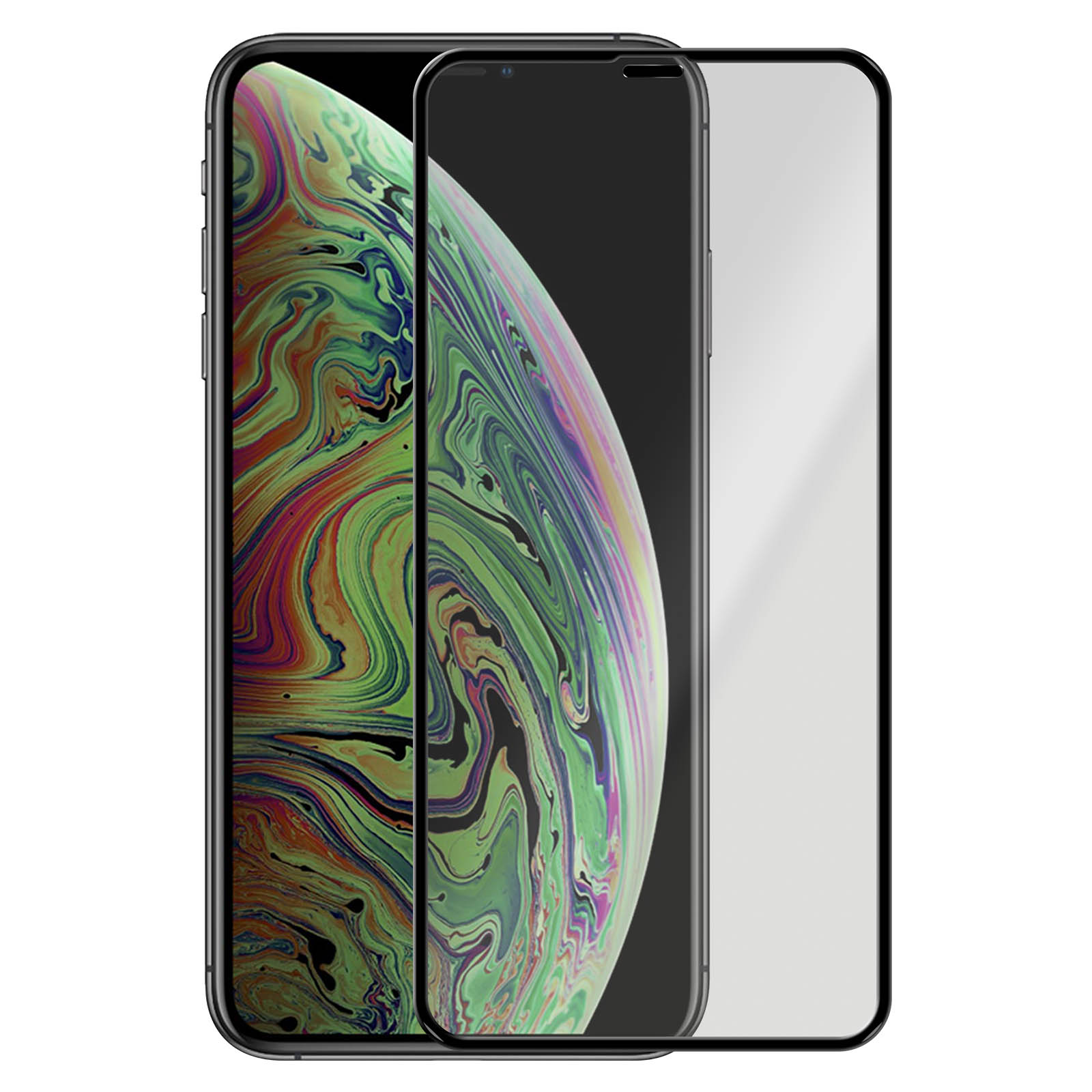 Telefono con protezione schermo. Lo schermo mostra uno sfondo colorato.