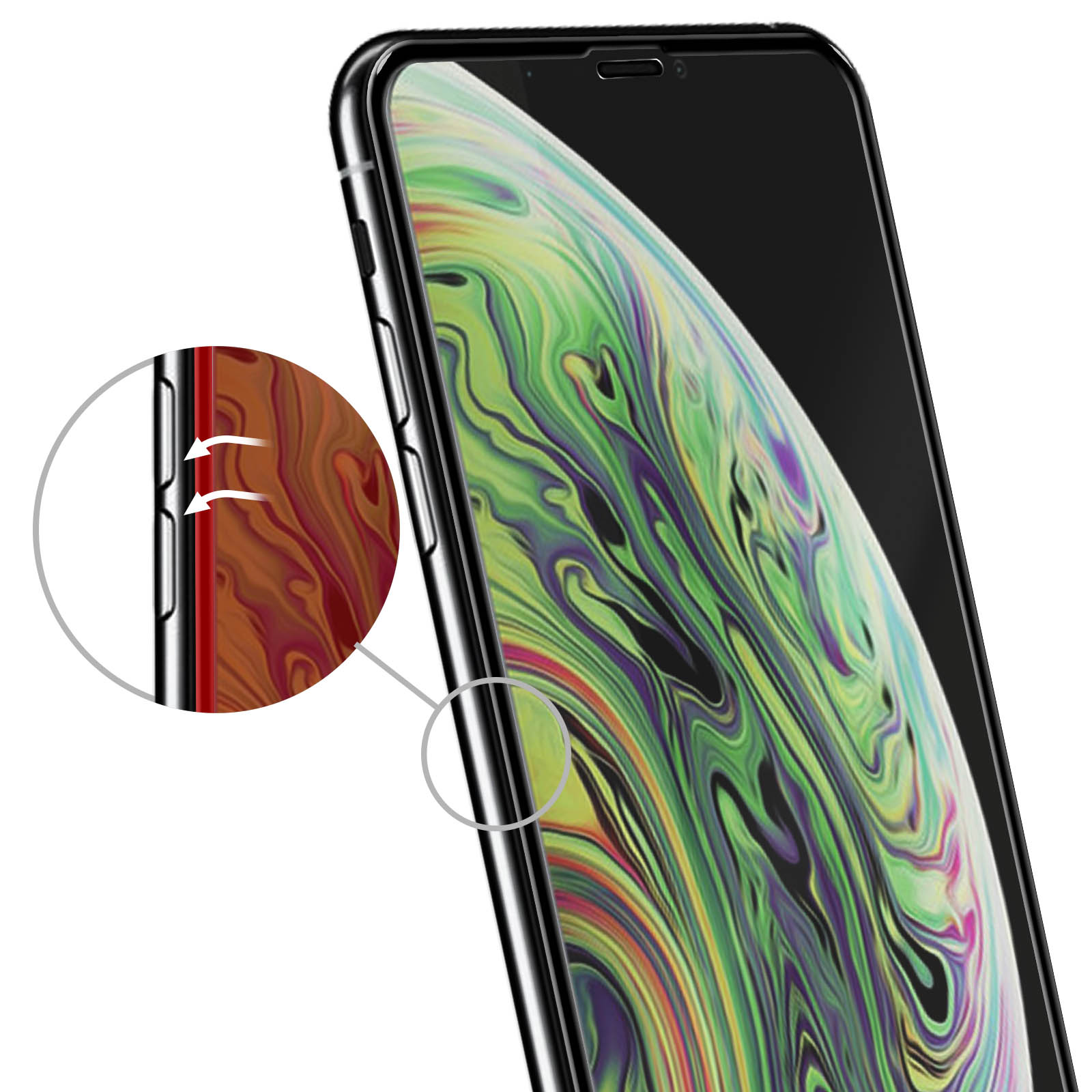 Telefono con protezione schermo. Dettaglio pulsanti volume ingrandito. Schermo mostra sfondo colorato e sfocato.