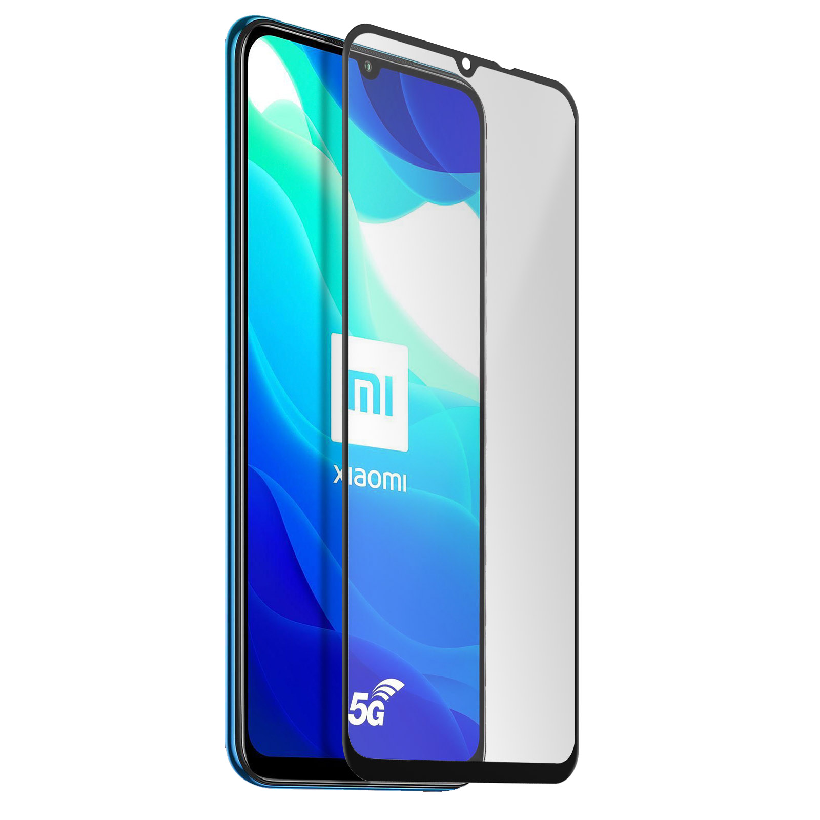 Telefono Xiaomi con protezione schermo. Telefono blu con schermo che mostra uno sfondo blu e verde. La protezione è trasparente.