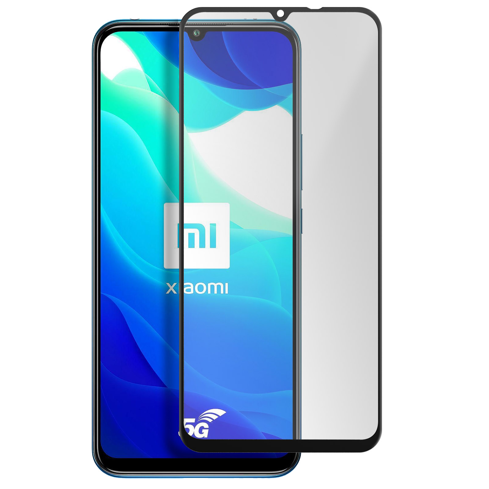Uno smartphone Xiaomi con protezione schermo. Il telefono è blu, ha una protezione schermo e il logo Xiaomi è visibile.