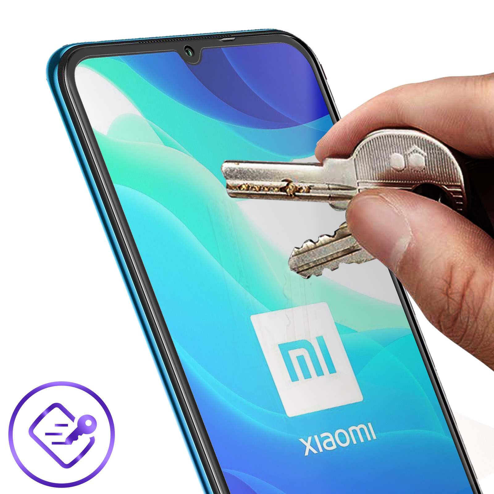 Una mano che tiene delle chiavi sopra lo schermo di un telefono Xiaomi. Lo schermo mostra il logo Xiaomi.