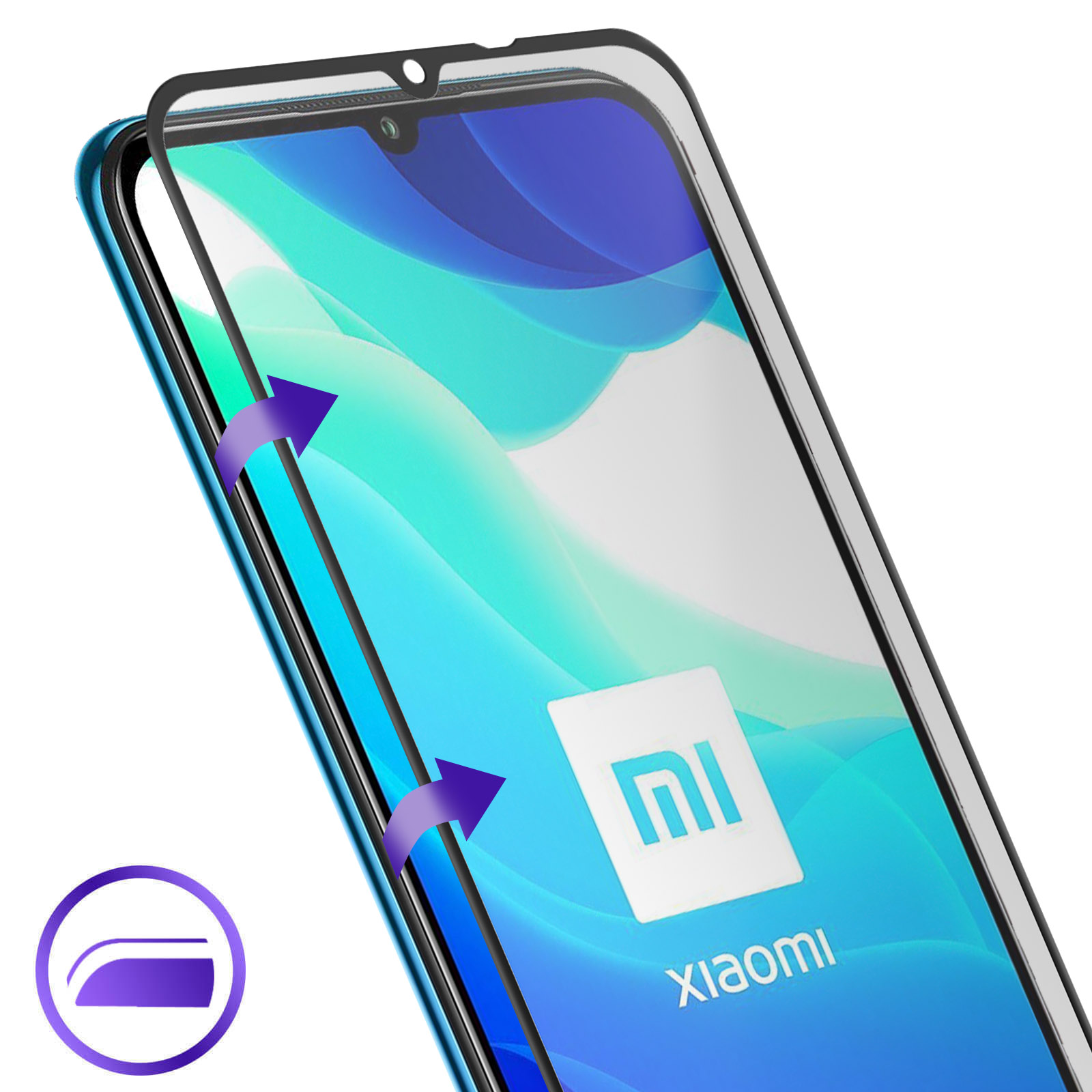 Applicazione di una protezione schermo per telefono. Frecce mostrano il processo. Logo Xiaomi visibile.