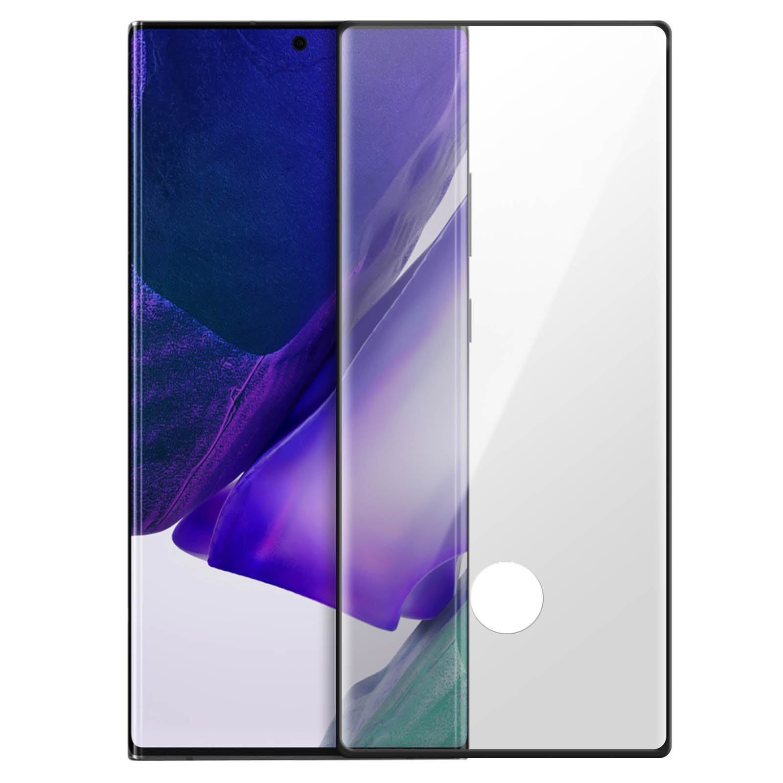 Een smartphone met een schermbeschermer. De telefoon toont een paarse en blauwe abstracte achtergrond. De beschermer is transparant.