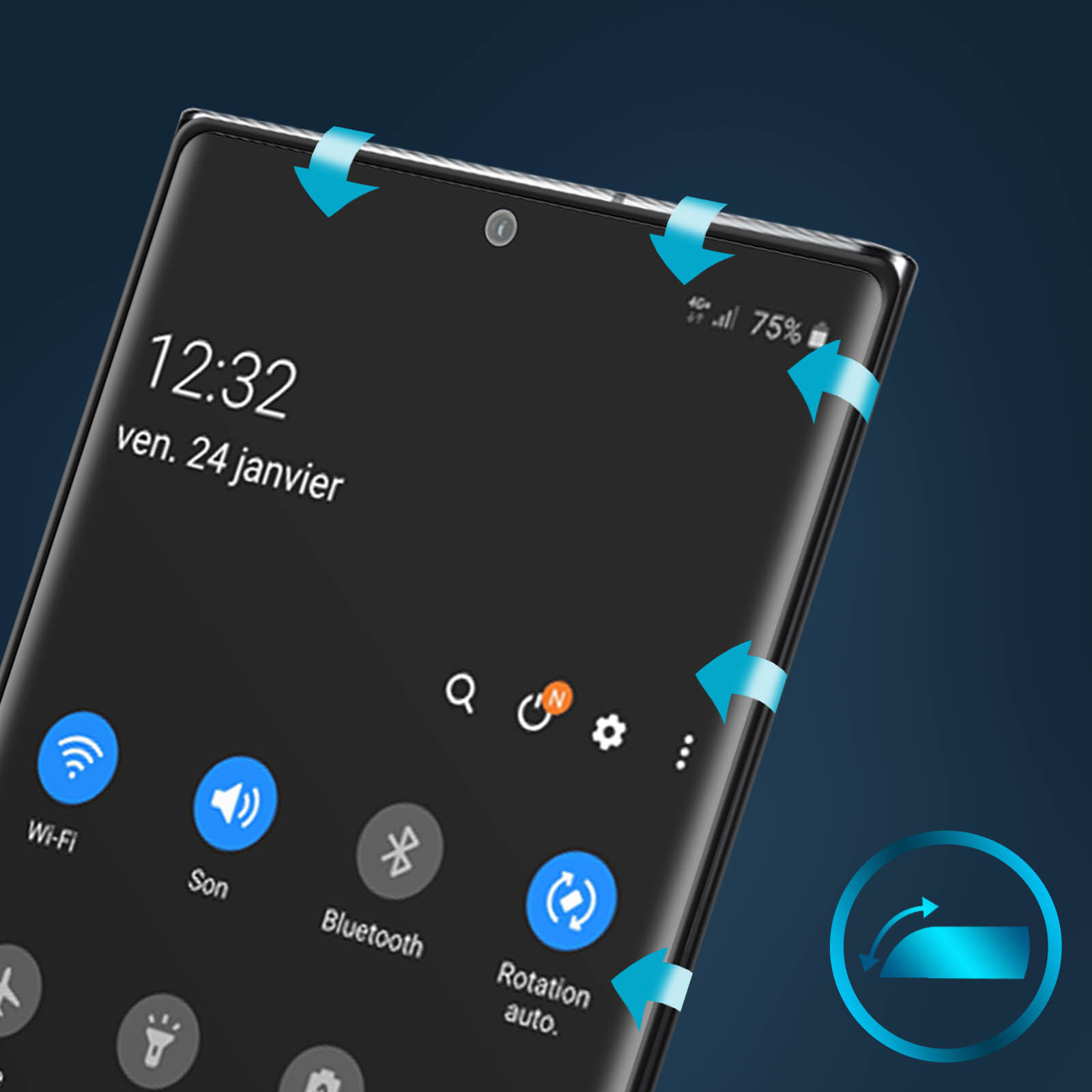 Écran de smartphone affichant l'heure, la date et des icônes. Flèches bleues indiquent des gestes de balayage. Fond bleu foncé.