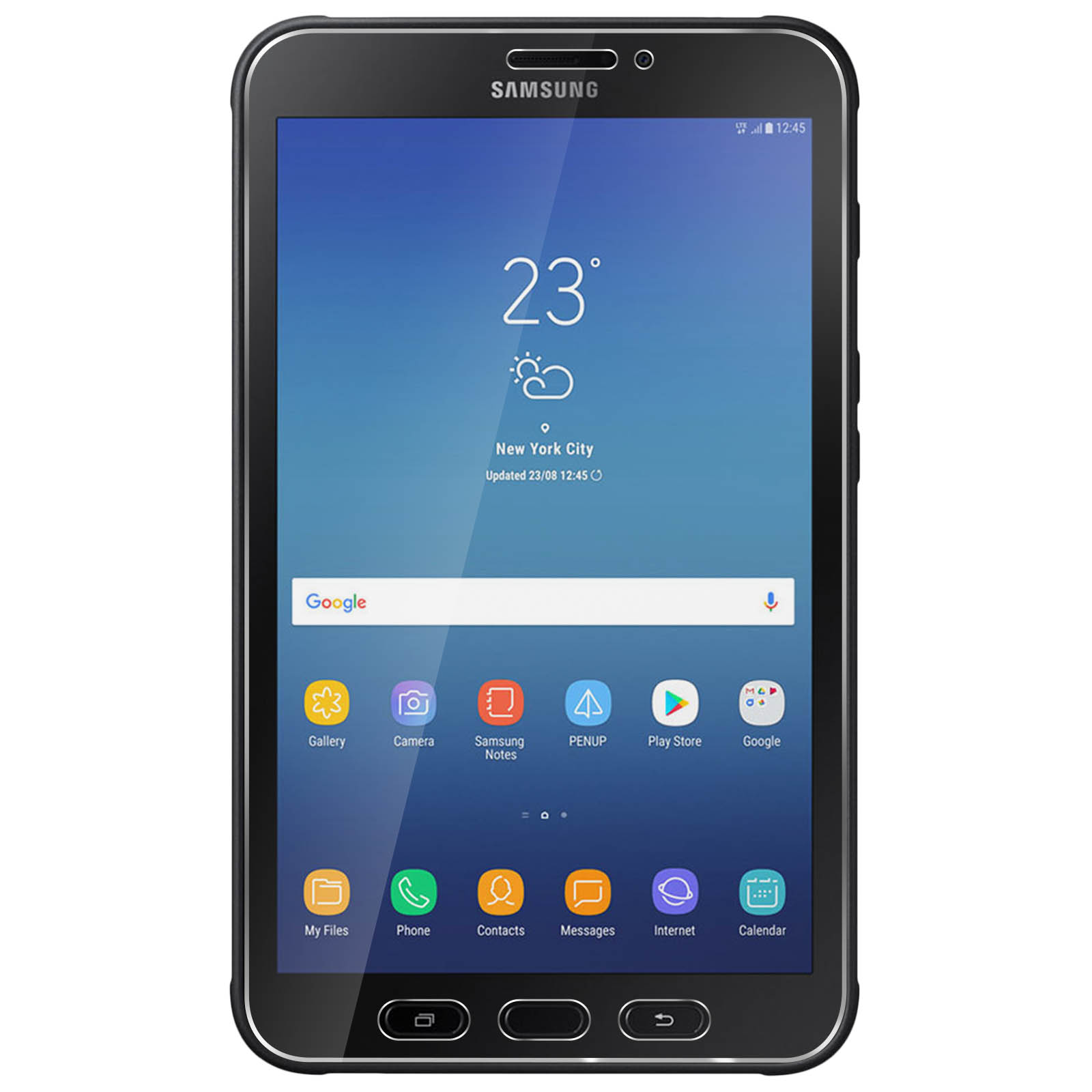 Un tablet nero che mostra una schermata iniziale. L'ora e il meteo sono visualizzati in alto.