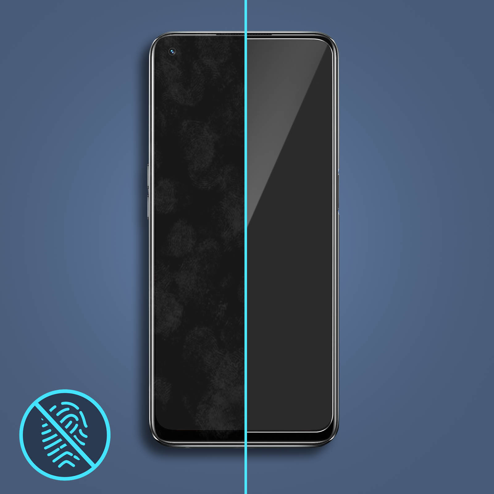 Telefoonscherm in tweeën gesplitst, de ene kant vies, de andere kant schoon. Blauw vingerafdrukpictogram.