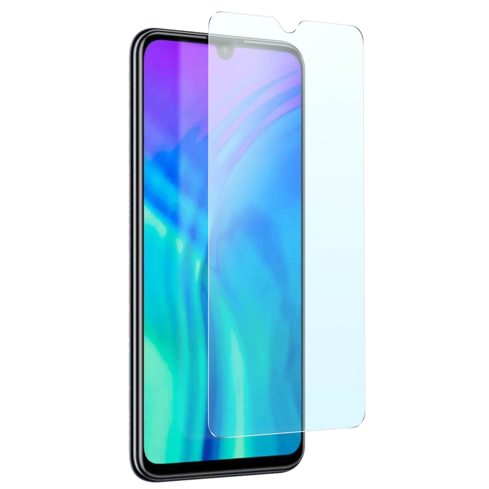 Telefono e protezione schermo. Telefono con schermo viola e blu. Protezione trasparente.