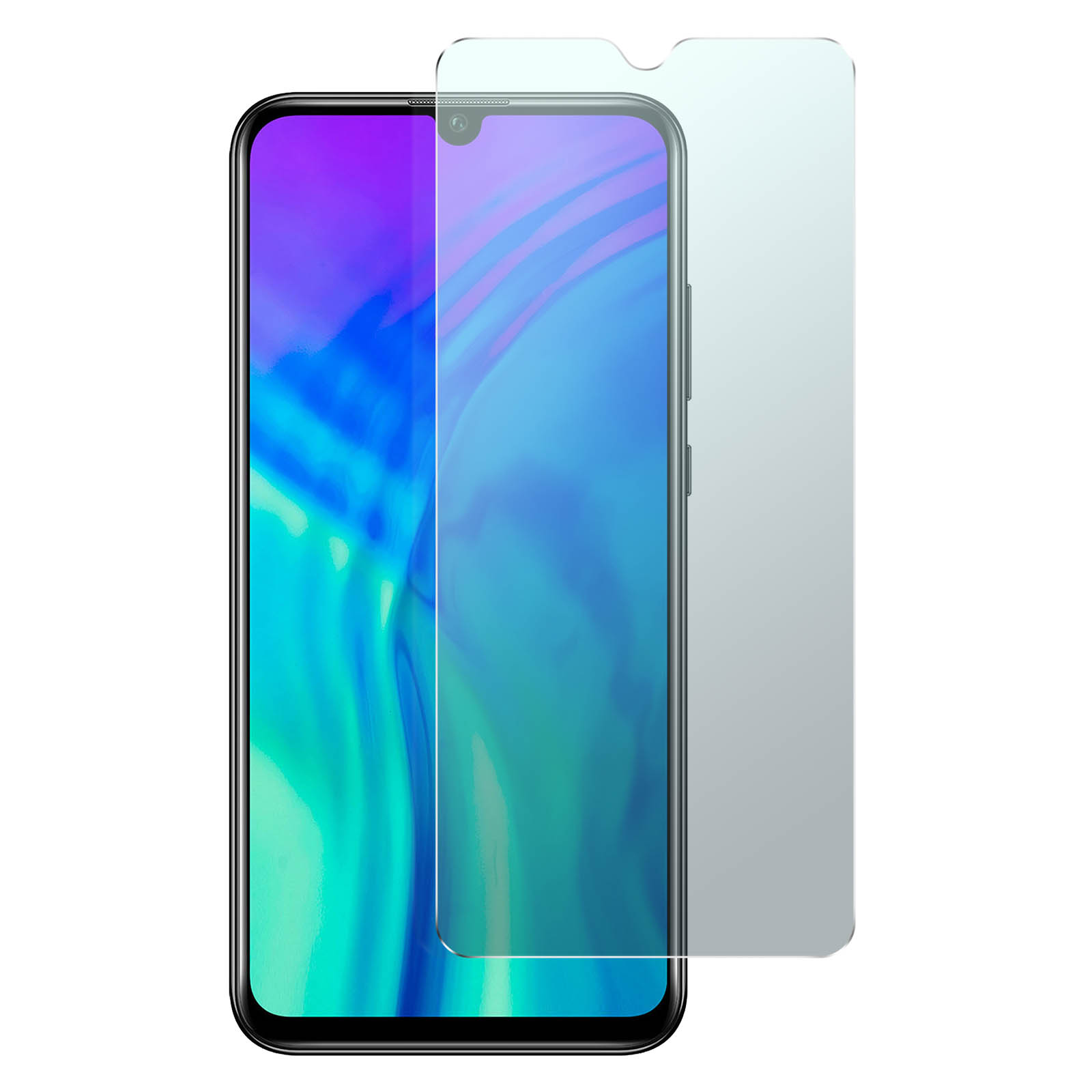 Uno smartphone con una protezione per lo schermo applicata, accanto ad esso. Il telefono è blu e viola.