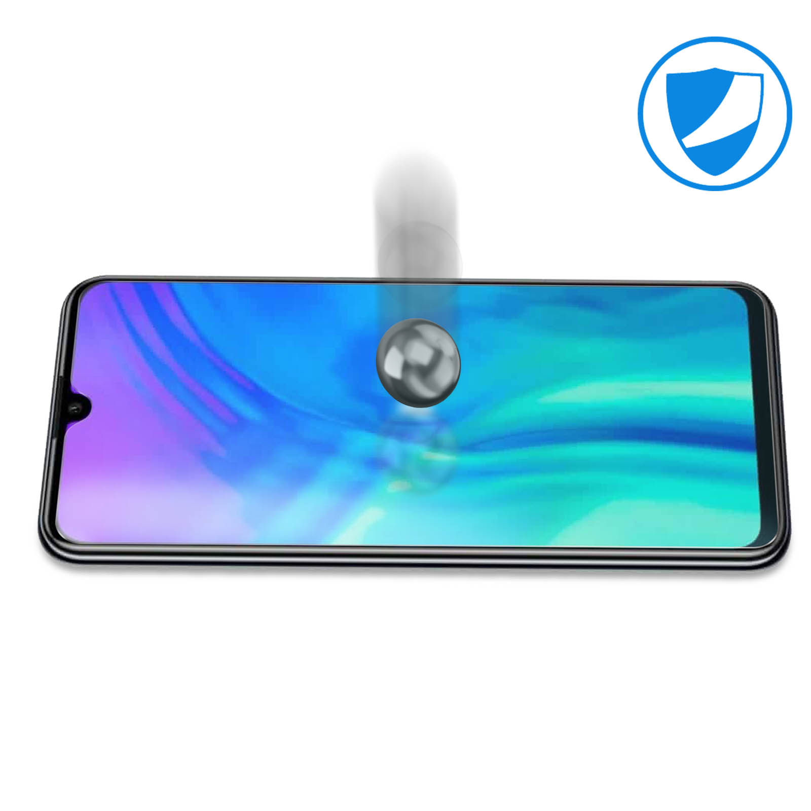 Uno schermo del telefono con un proteggi schermo in vetro e un'icona a scudo.