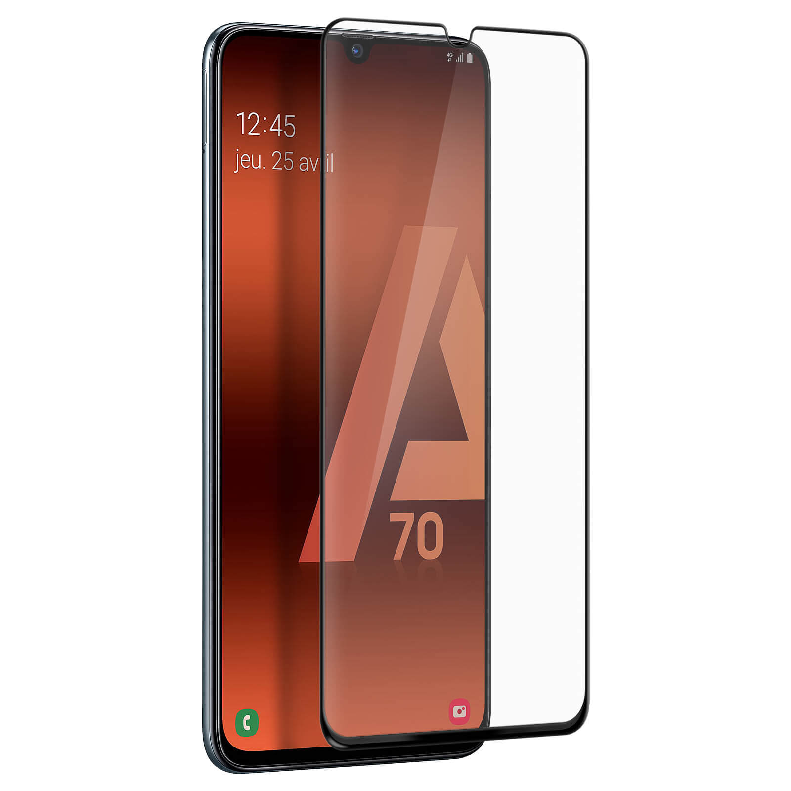 Téléphone avec protecteur d'écran. L'écran affiche un grand 'A70'. Le protecteur est transparent et légèrement soulevé.