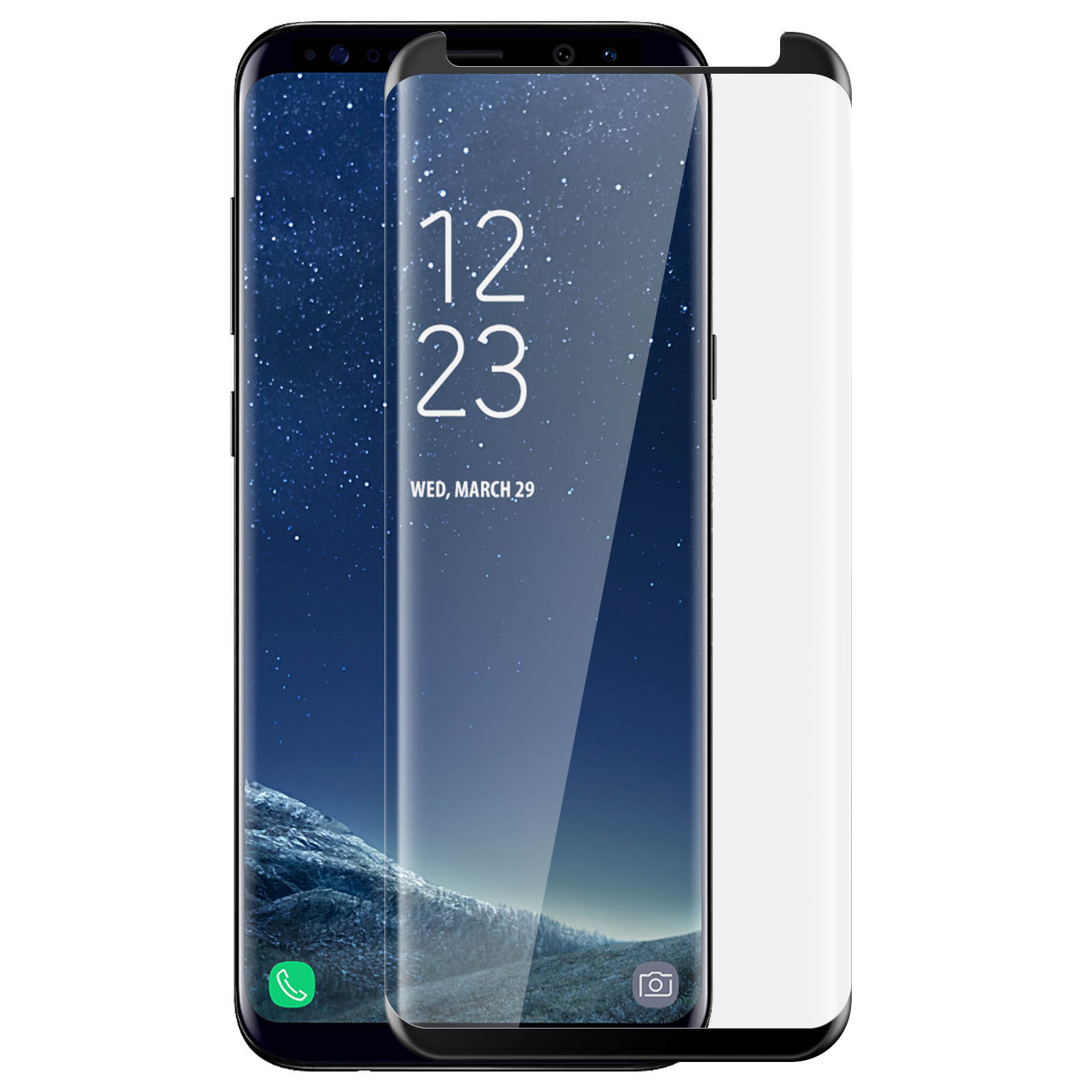 Telefono nero con protezione schermo. Lo schermo mostra l'ora e la data. La protezione è trasparente e leggermente staccata.