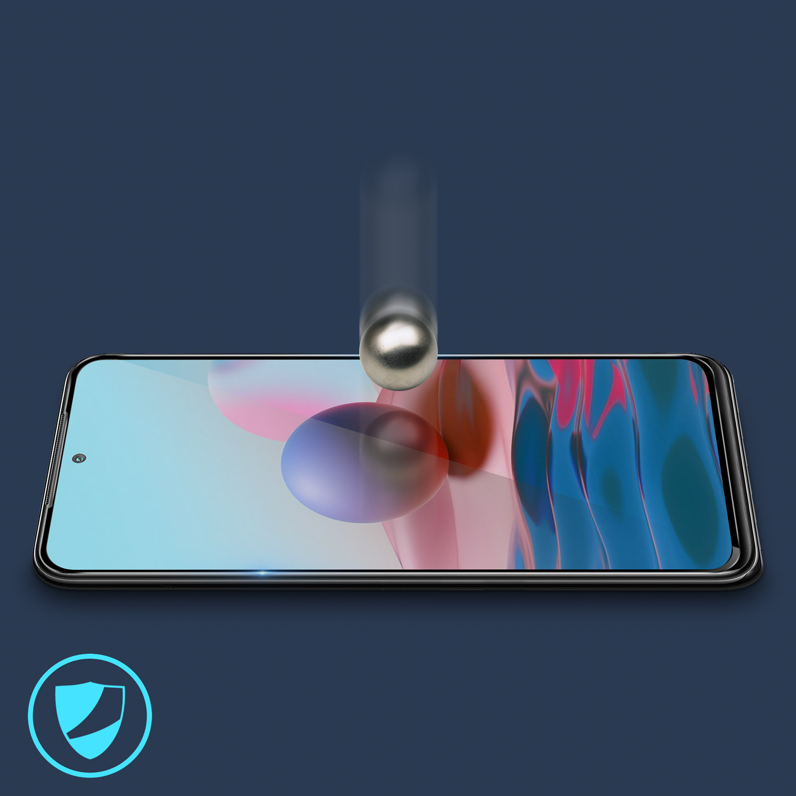 Una sfera di metallo che cade verso uno smartphone. Il telefono è su una superficie, circondato da uno sfondo blu scuro. Un'icona a scudo è visibile.
