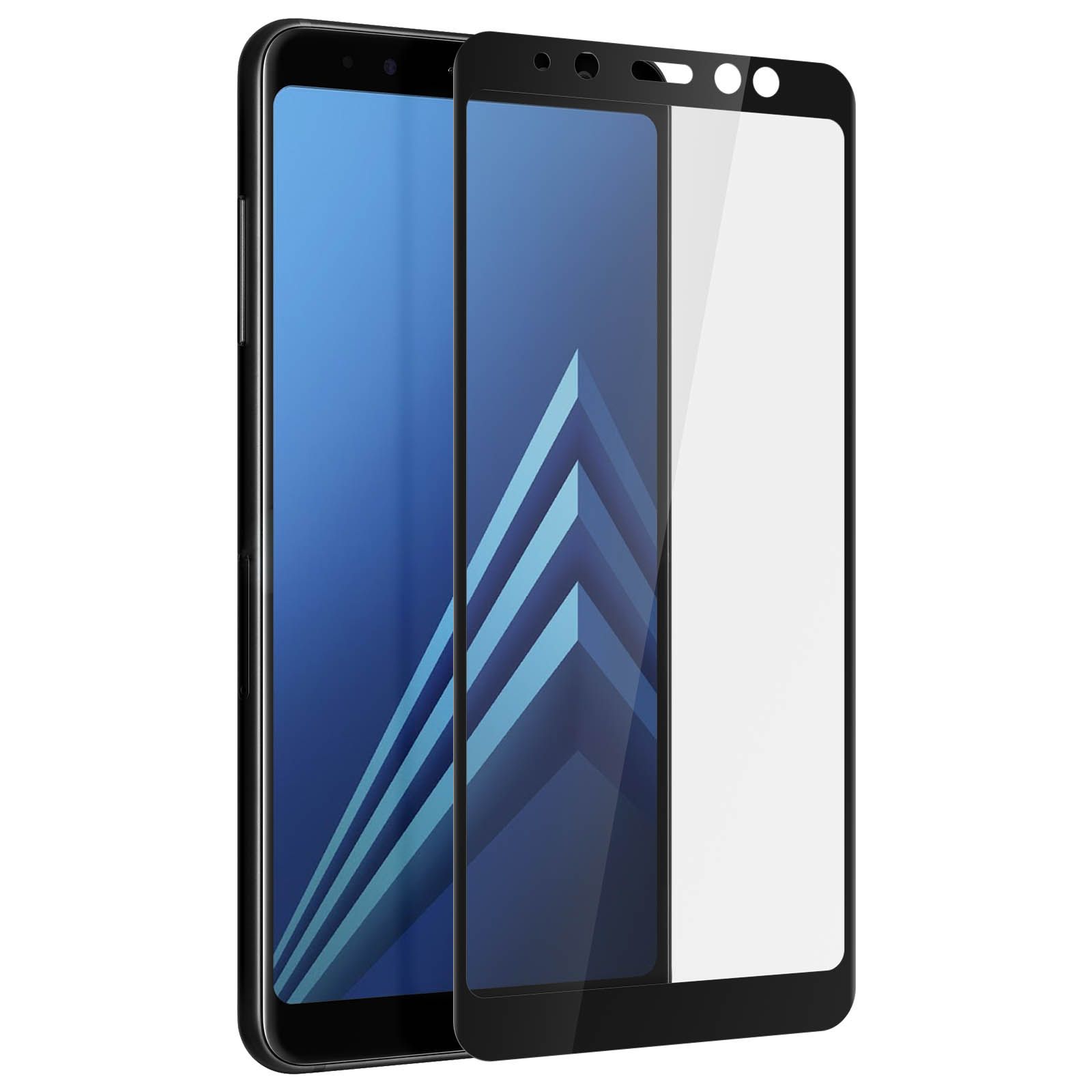 Telefono nero e protezione schermo. Il telefono ha un design blu. La protezione è trasparente e leggermente staccata.