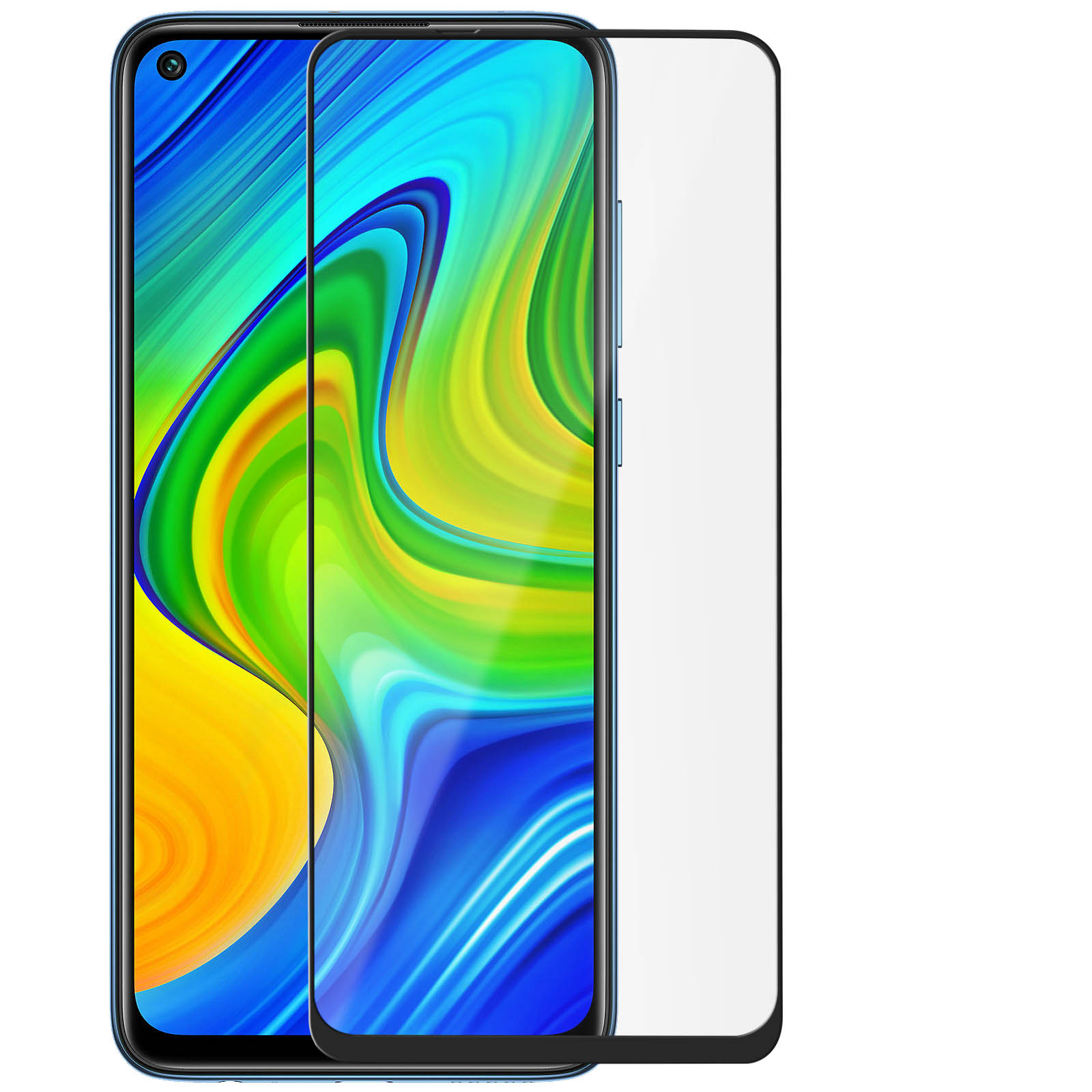 Uno smartphone con una protezione per lo schermo applicata. Lo schermo mostra arte astratta colorata. La protezione è a destra.