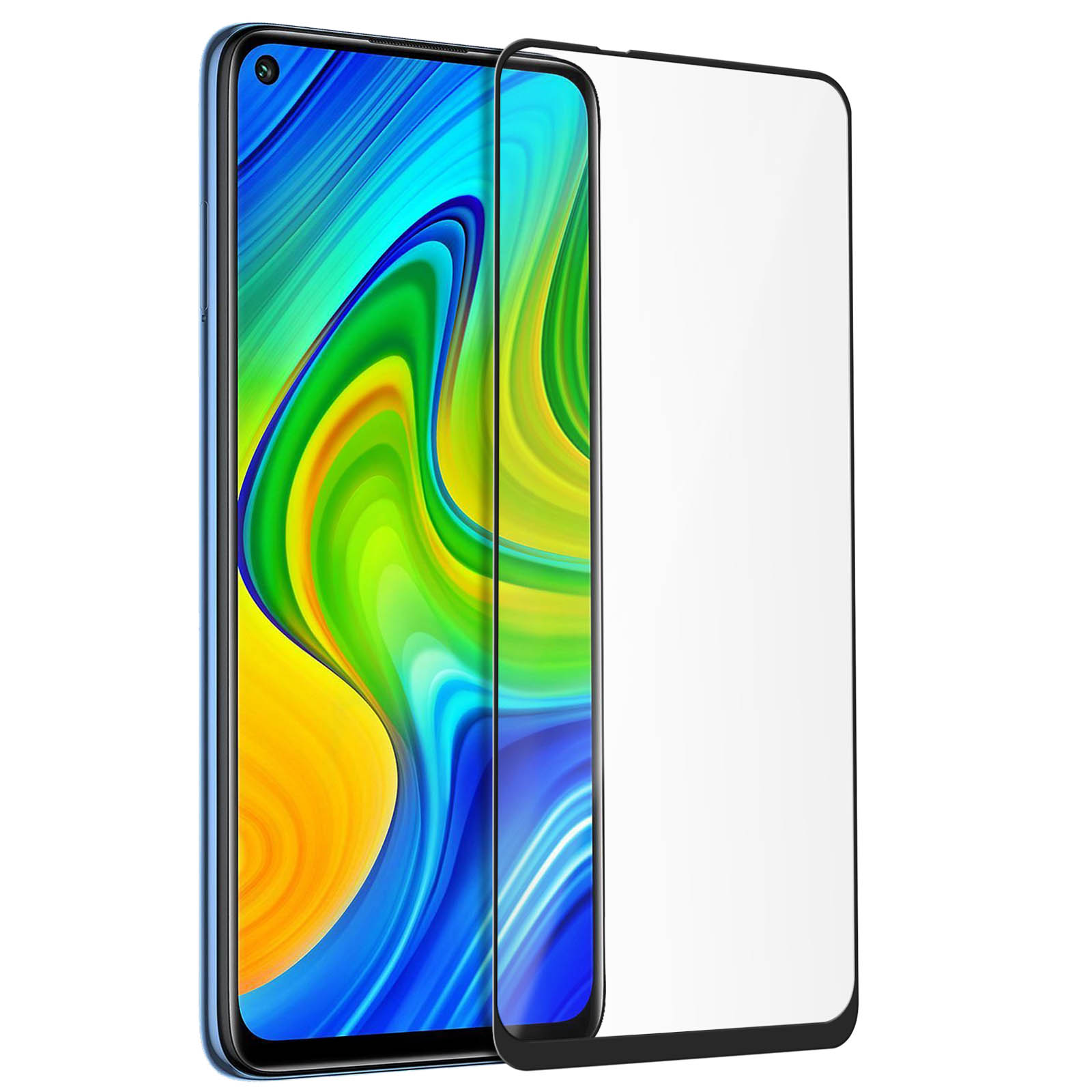 Uno smartphone con una protezione per lo schermo. Lo schermo del telefono mostra un'immagine astratta colorata. La protezione è trasparente e bordata di nero.