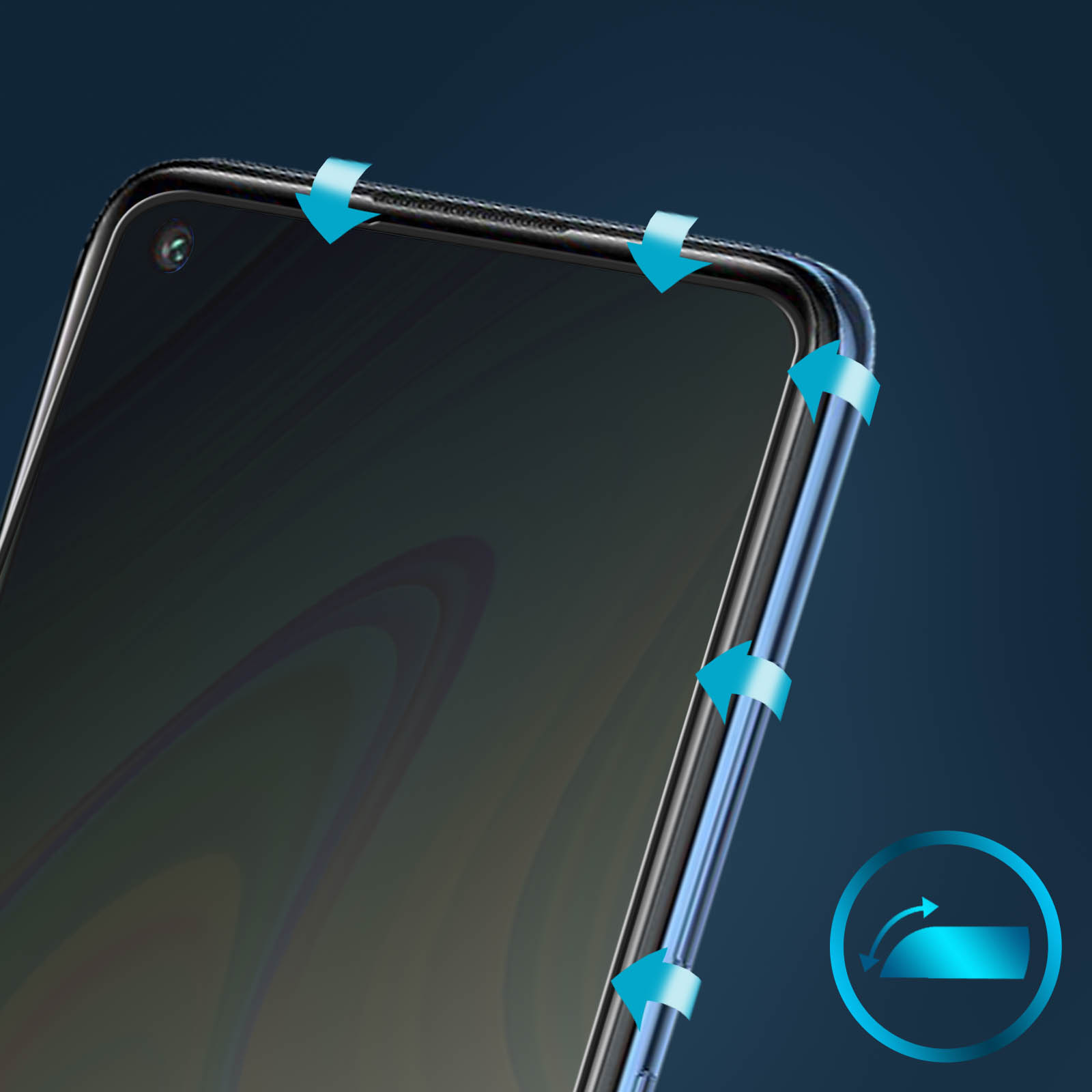 Primo piano di una protezione schermo per telefono con frecce che indicano il processo di applicazione. Il telefono è visibile.