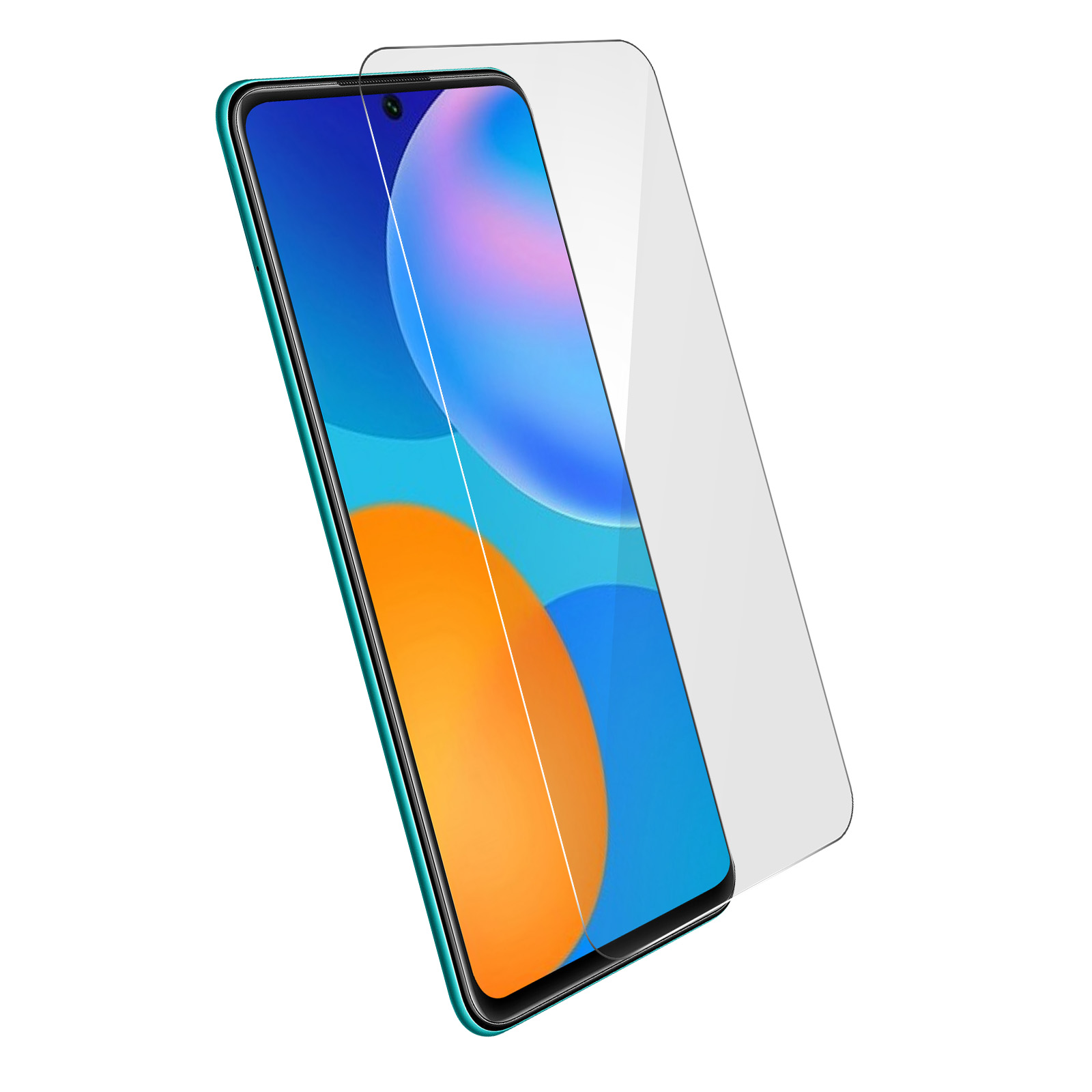 Uno smartphone con protezione schermo. Il telefono ha una cornice verde acqua e uno schermo con colori arancione e blu. La protezione è trasparente.