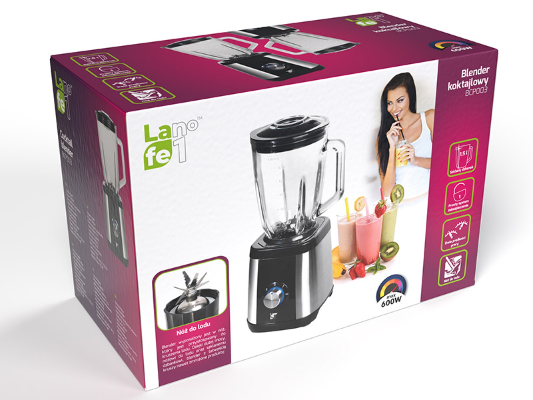 Mixer-Box mit Mixer-Bild und einer Frau, die ein Smoothie-Glas hält. Text ist sichtbar.