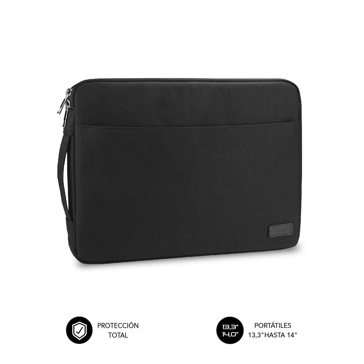 Custodia nera per laptop con maniglia e tasca frontale.