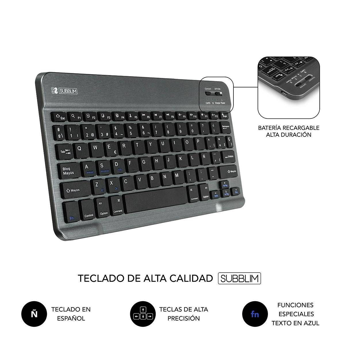 Un teclado gris con teclas negras. Tiene diseño español y un pequeño recuadro con botones.