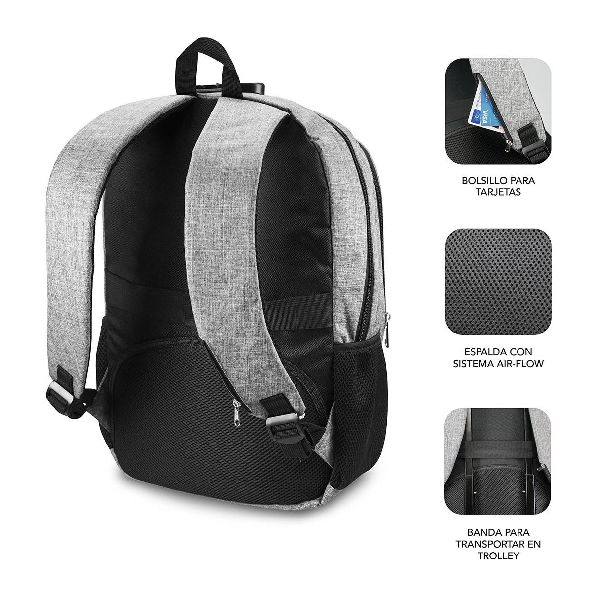 Mochila gris con detalles negros, tres imágenes detalladas de bolsillos y flujo de aire.