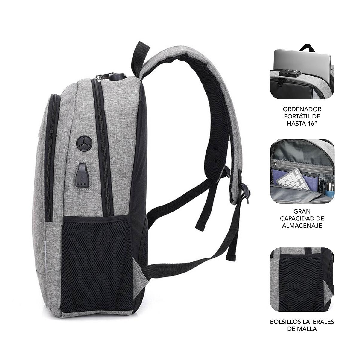 Mochila gris con múltiples bolsillos y puerto USB. Vista lateral con portátil y vista interna.