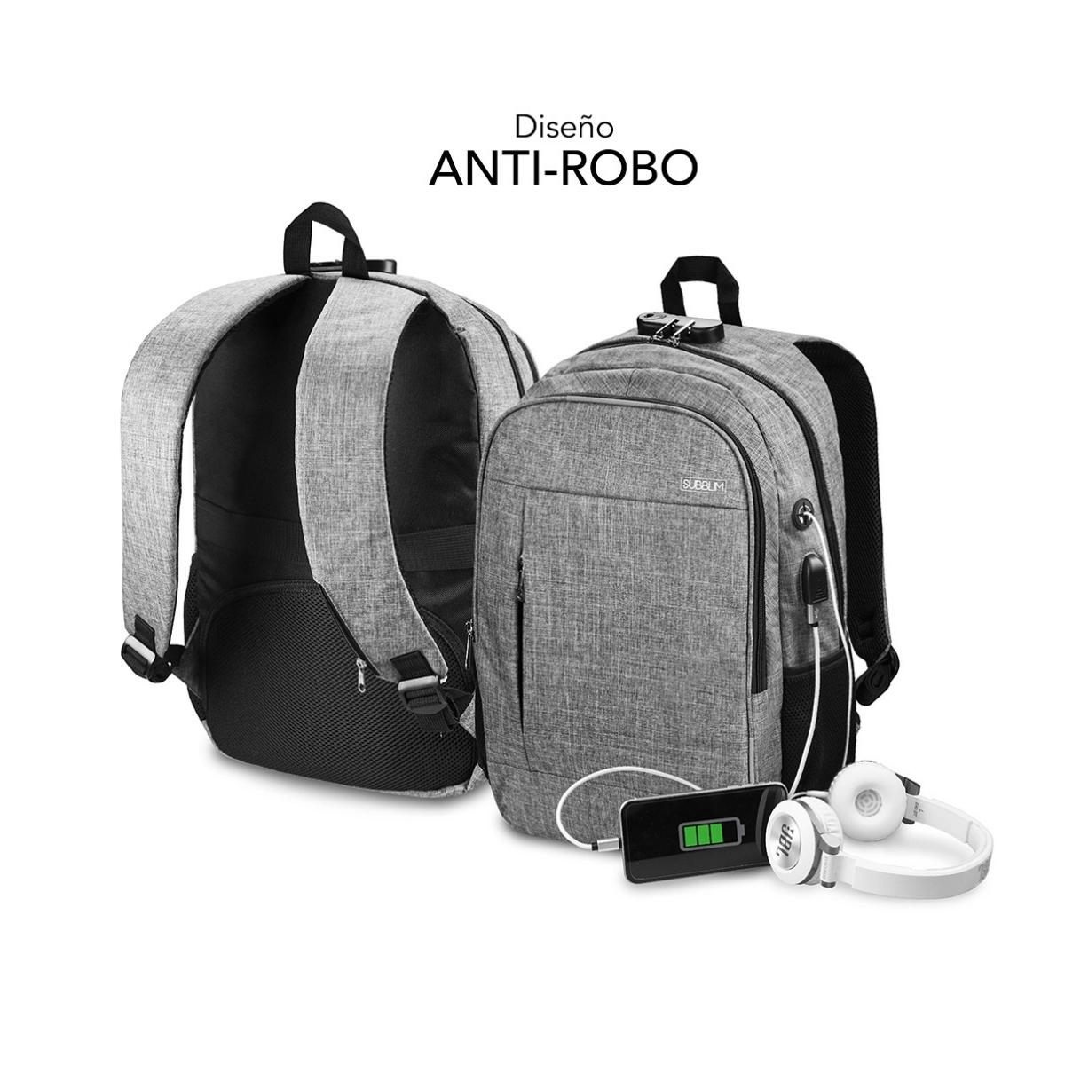 Dos mochilas antirrobo grises, un teléfono cargando y auriculares blancos.