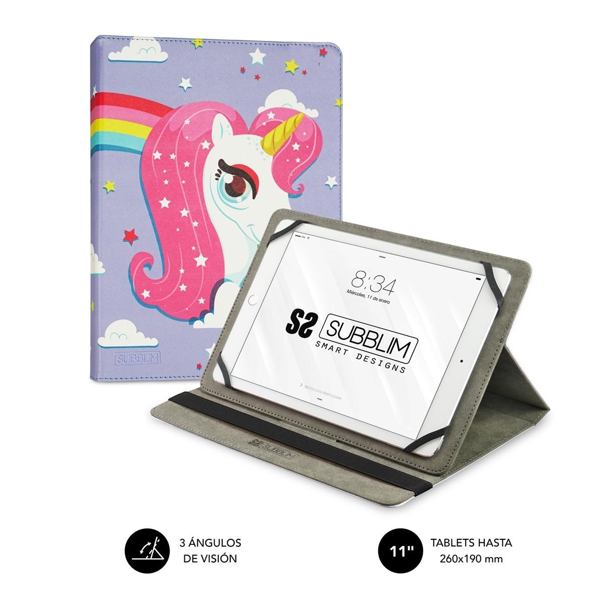 Una tableta con una funda con un unicornio y un arcoíris se muestra abierta.