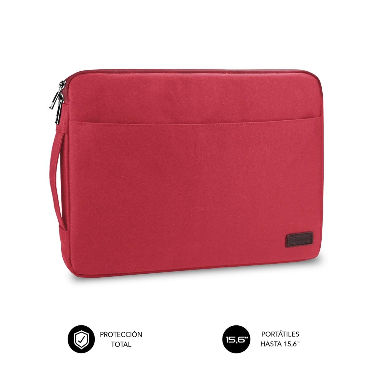 Una funda roja para portátil con un bolsillo sobre un fondo blanco.