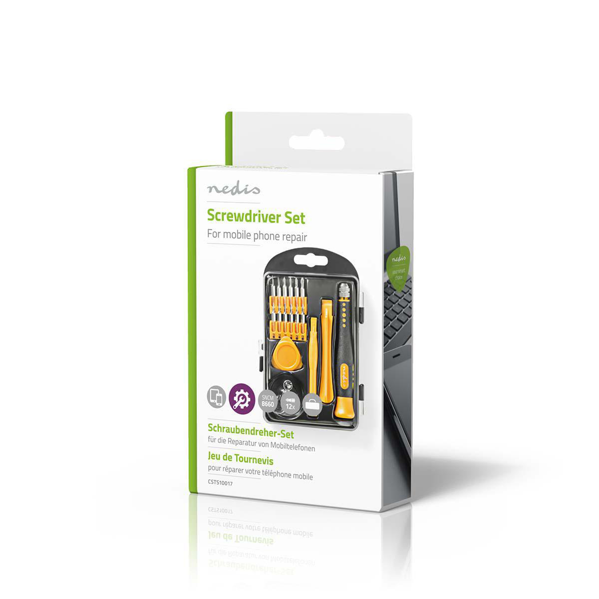Schraubendreher-Set zur Handyreparatur. Die Box enthält verschiedene Werkzeuge.