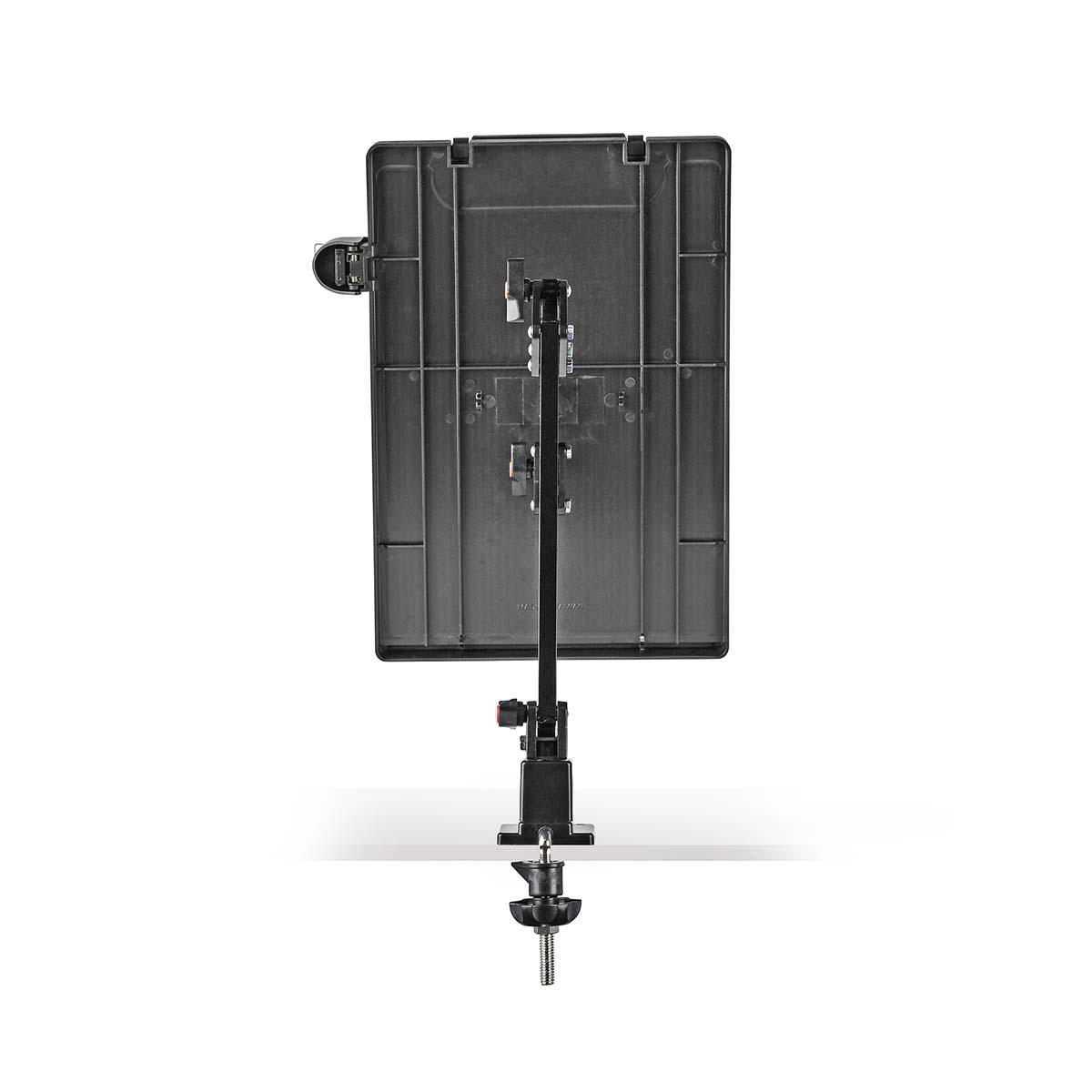 Black, rectangular stand with a tablet attachment. The stand is on a white background. The tablet attachment is black.