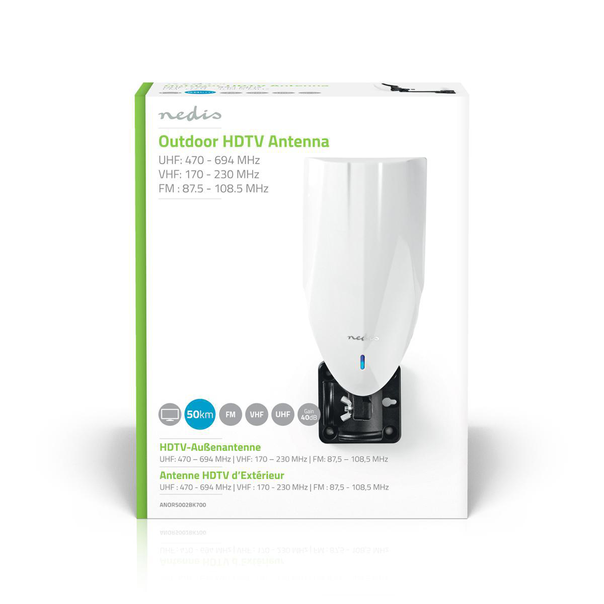 Eine weiße und grüne HDTV-Antennenbox mit Produktinformationen.