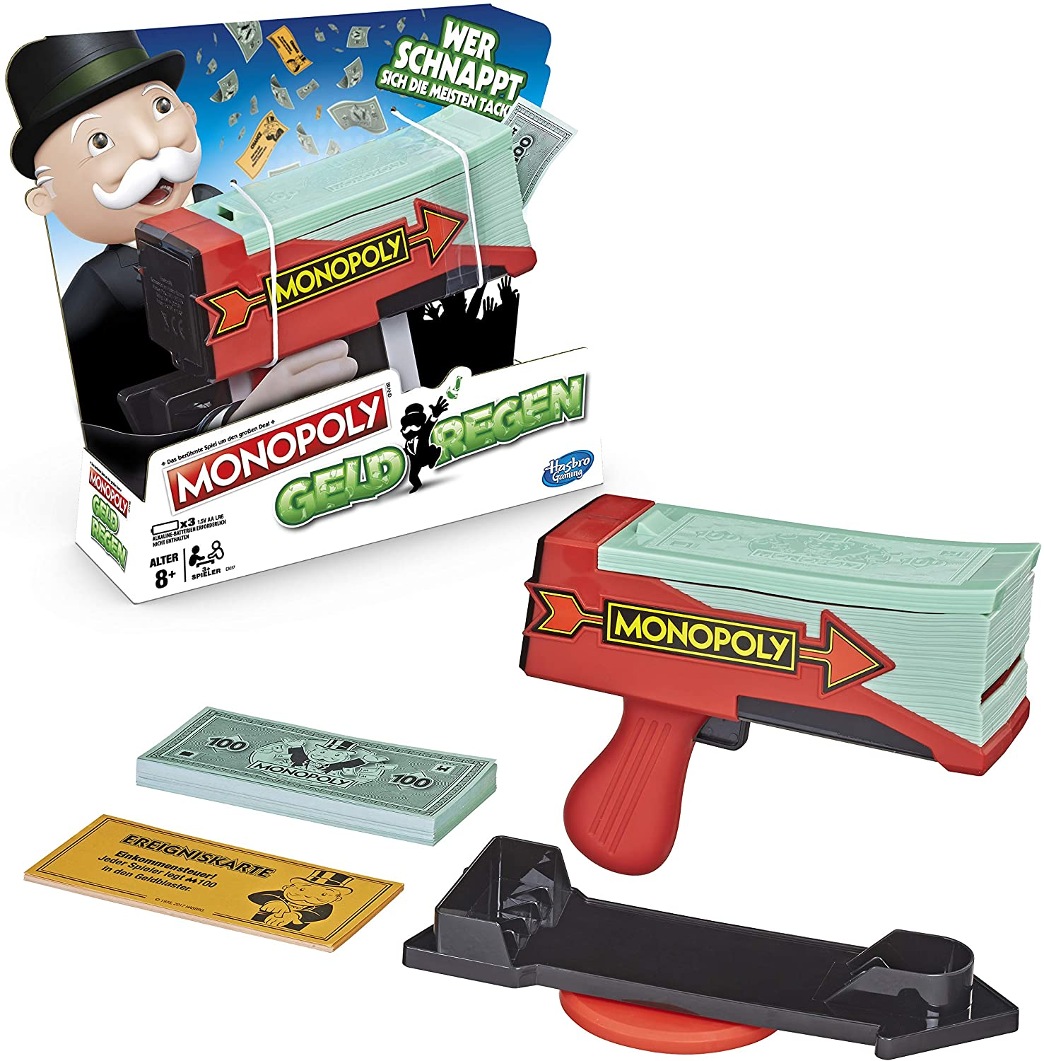 Monopoly-Geldpistolen-Set mit Geld und Karten, verpackt in einer Box.