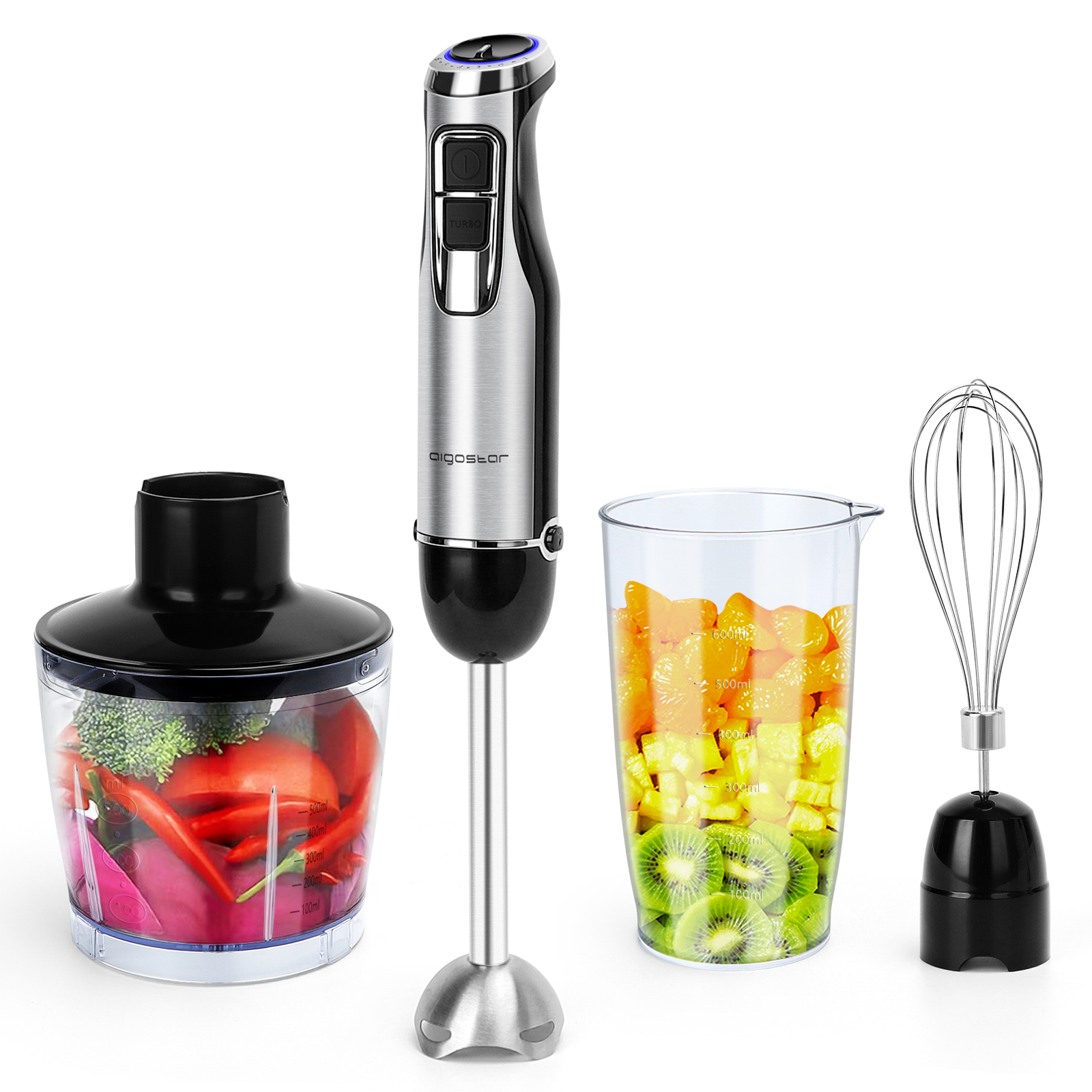 Frullatore a immersione con accessori: tritatutto con verdure, tazza con frutta e frusta.