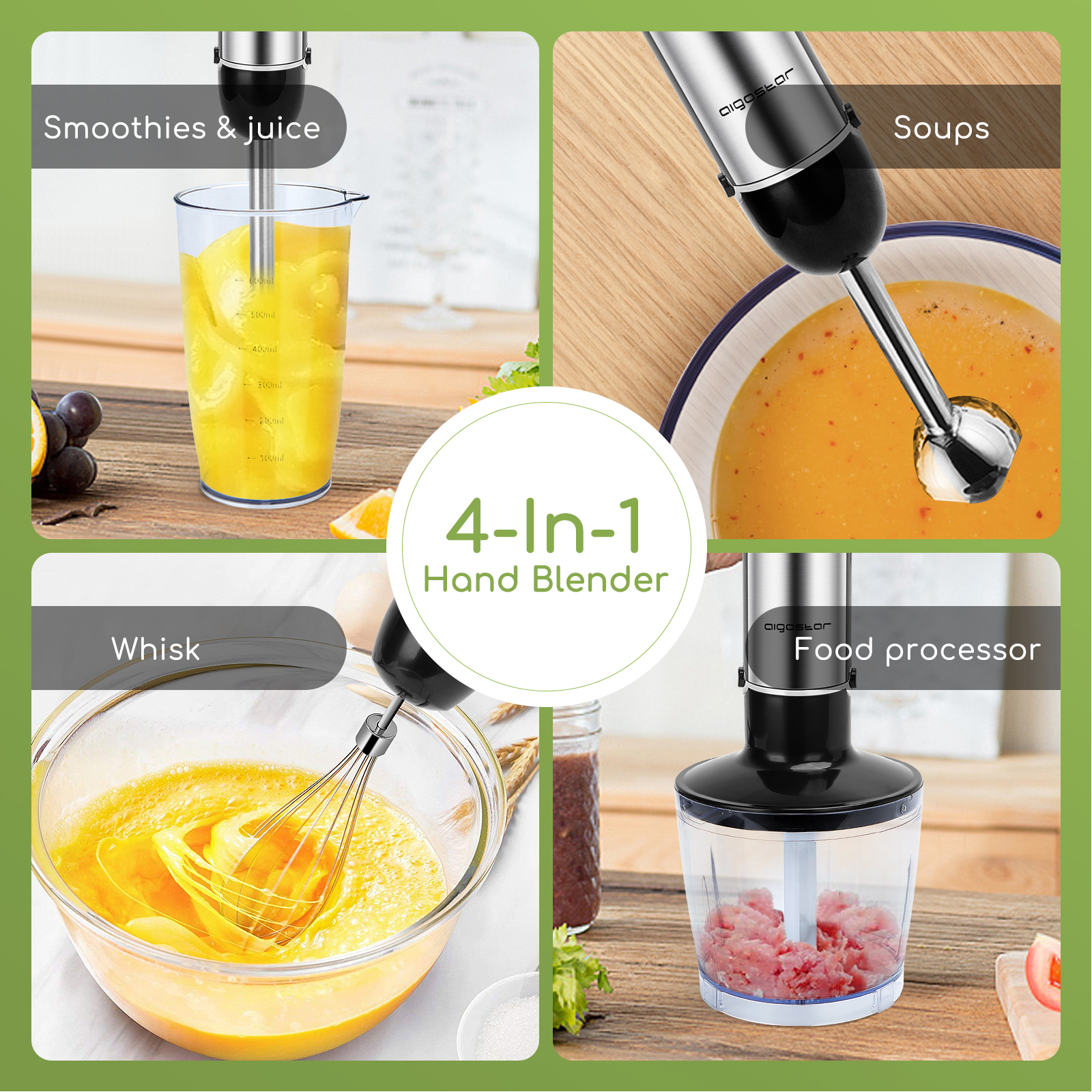 Frullatore a immersione 4 in 1 che mostra frullati, zuppa, frusta e robot da cucina.