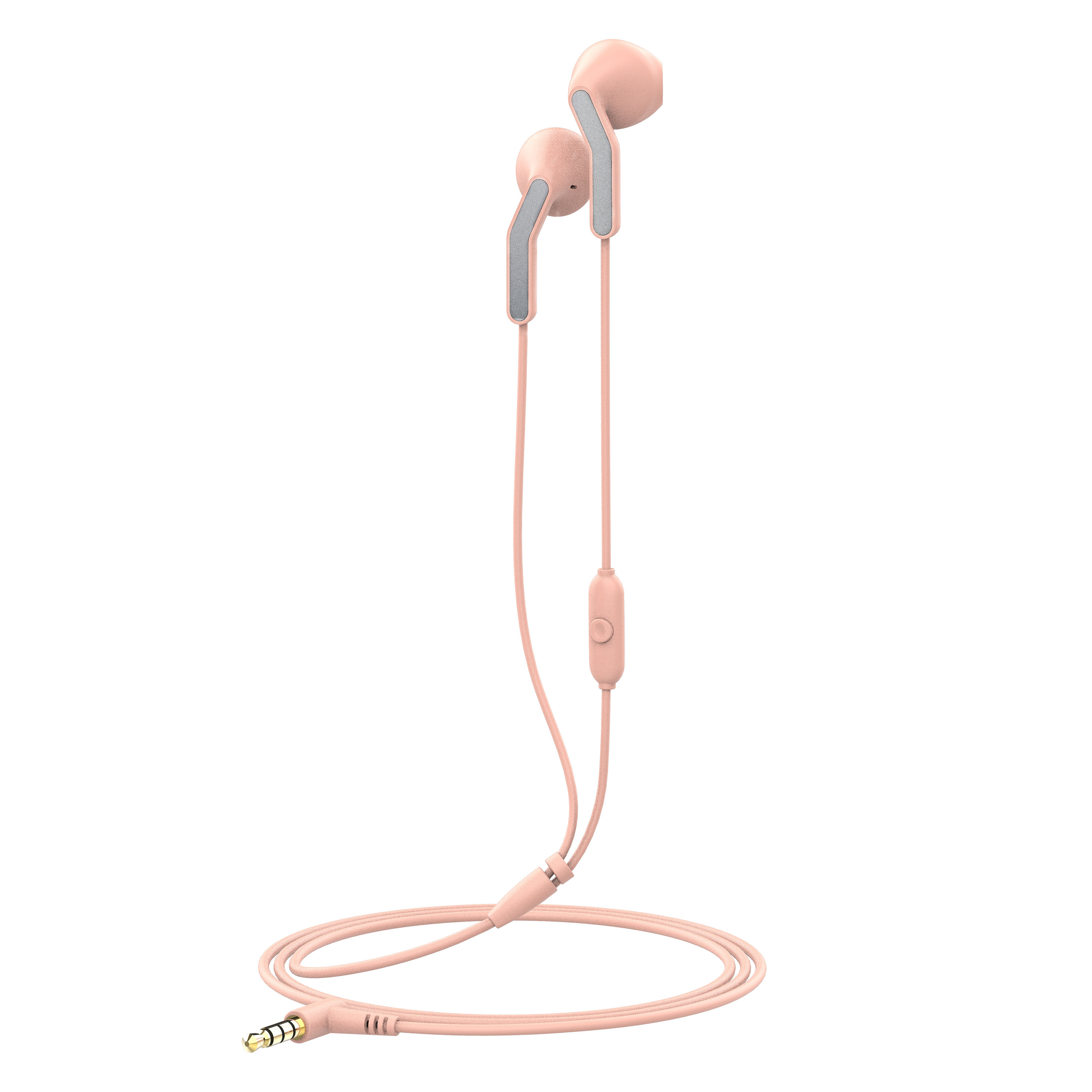 Cuffie in-ear rosa con microfono e jack da 3,5 mm.