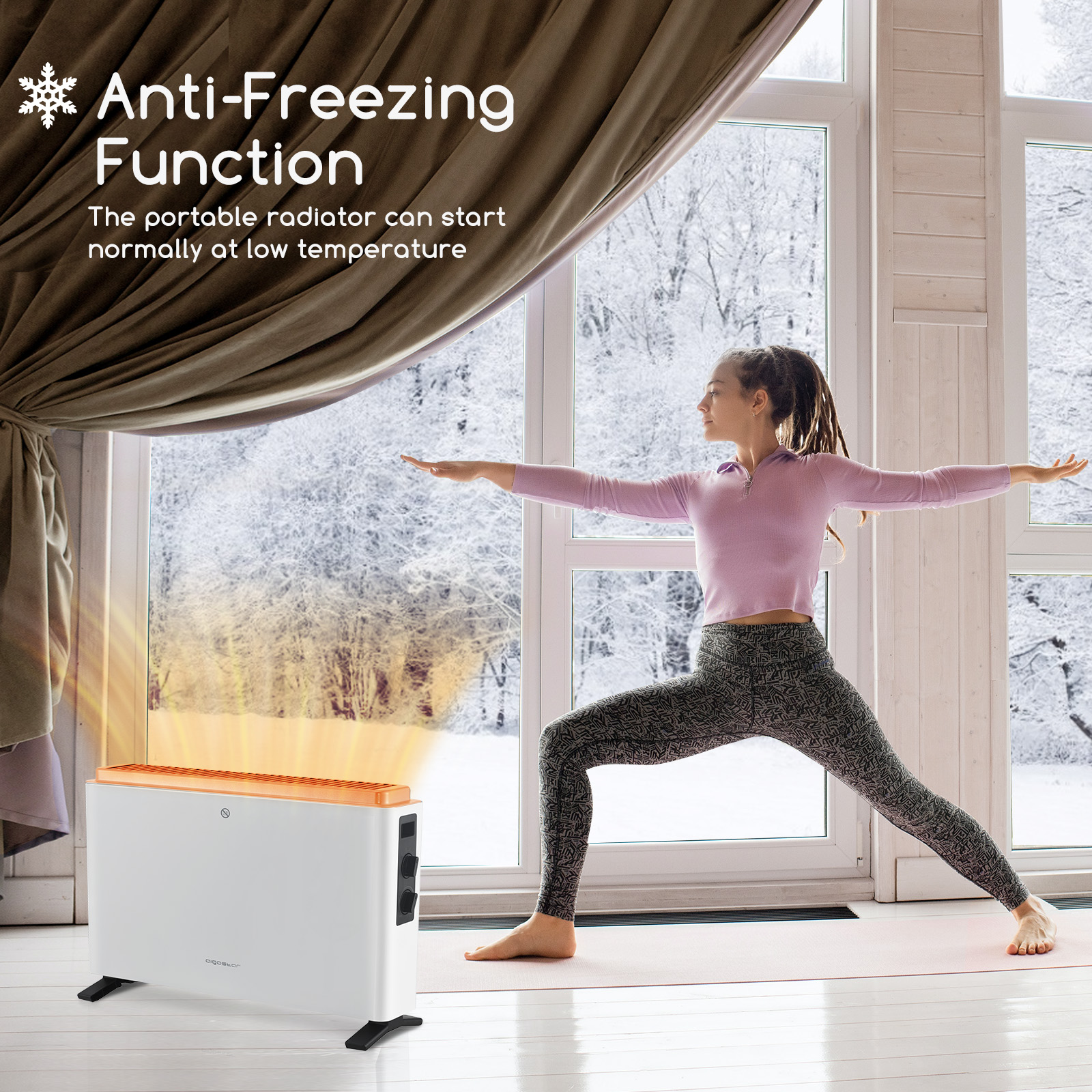 Frau in Yoga-Pose neben einem Heizkörper, Fenster mit schneebedeckten Bäumen im Hintergrund.