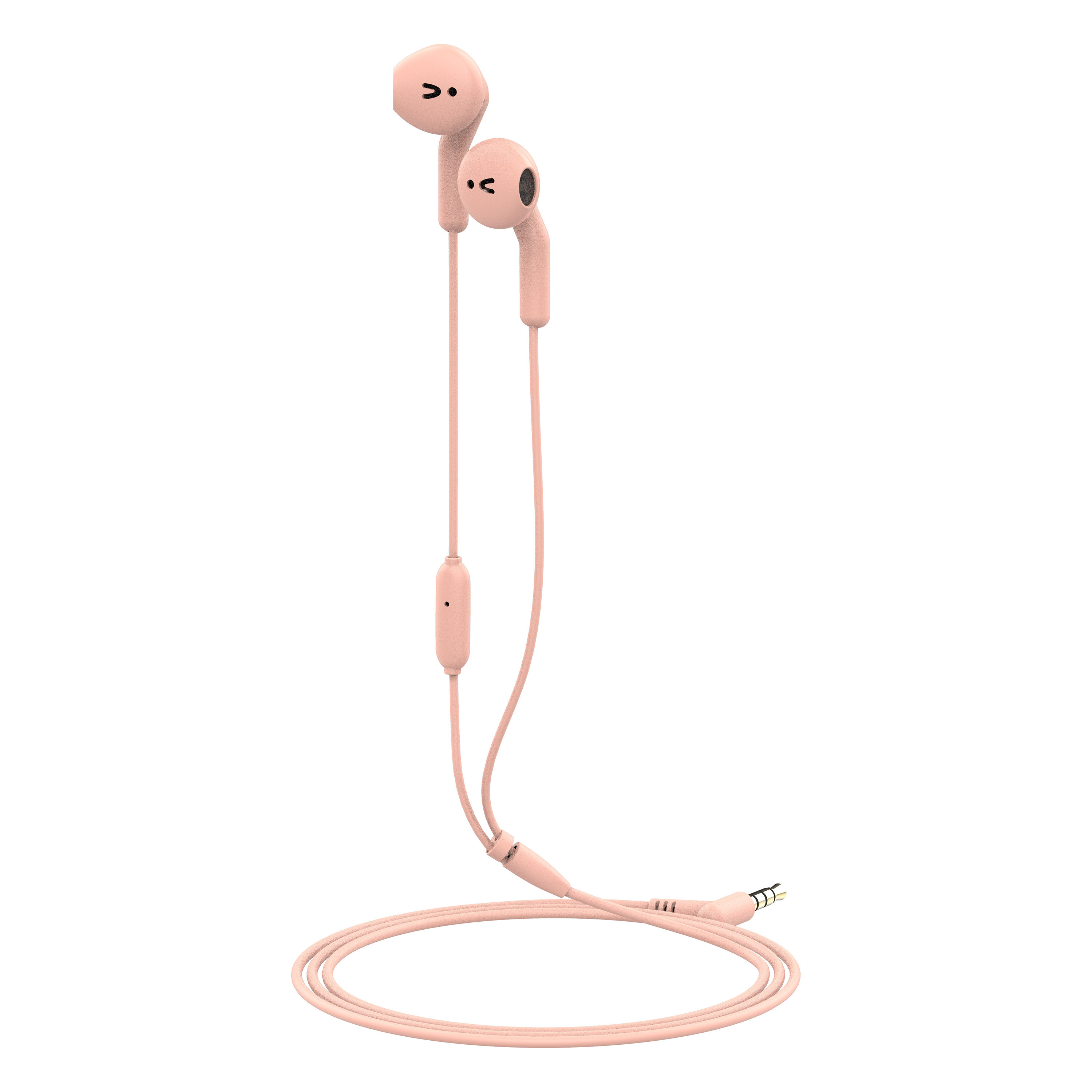 Auricolari rosa con cavo e connettore, su sfondo bianco.