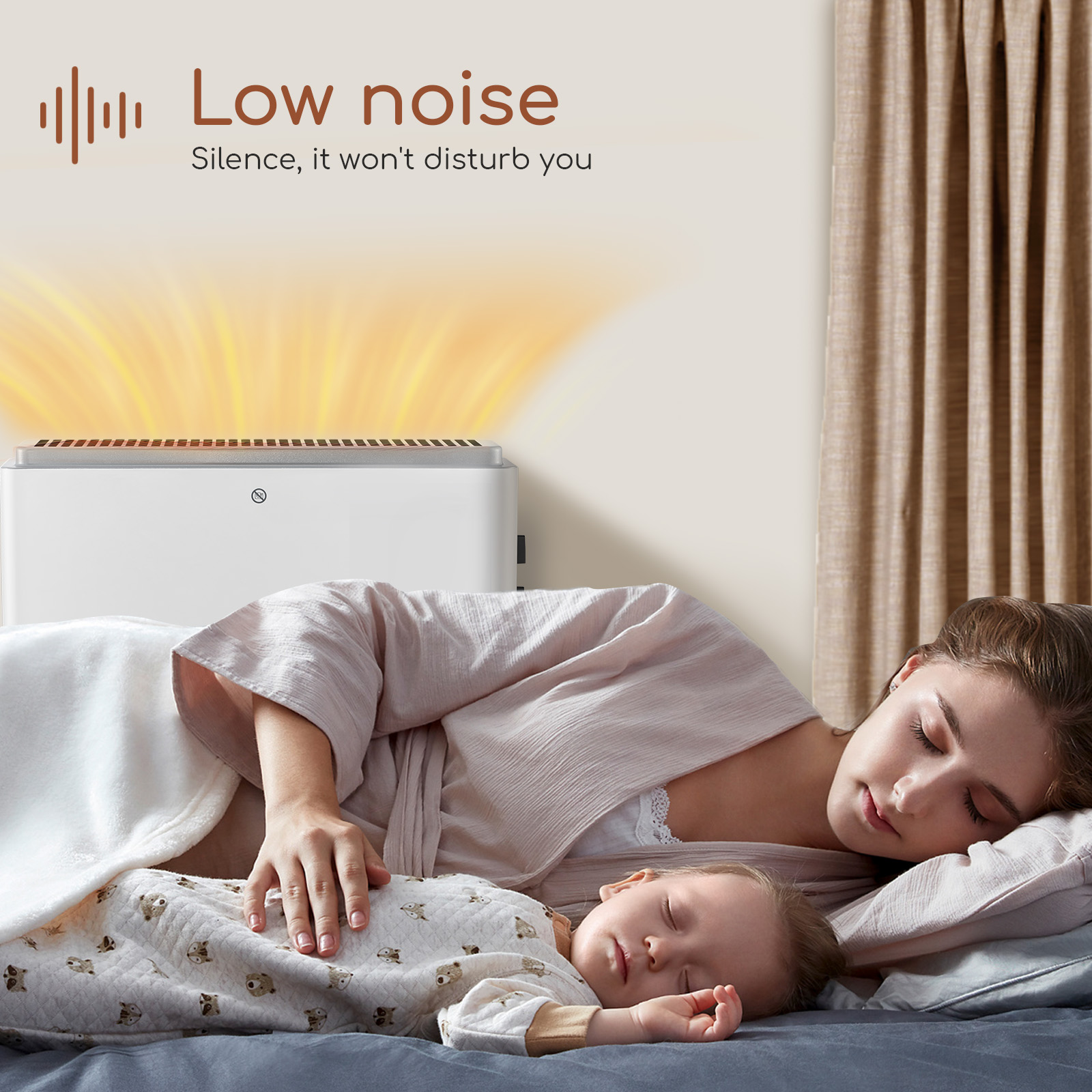 Frau und Baby schlafen neben einer weißen Heizung, Text: 'Low noise'.