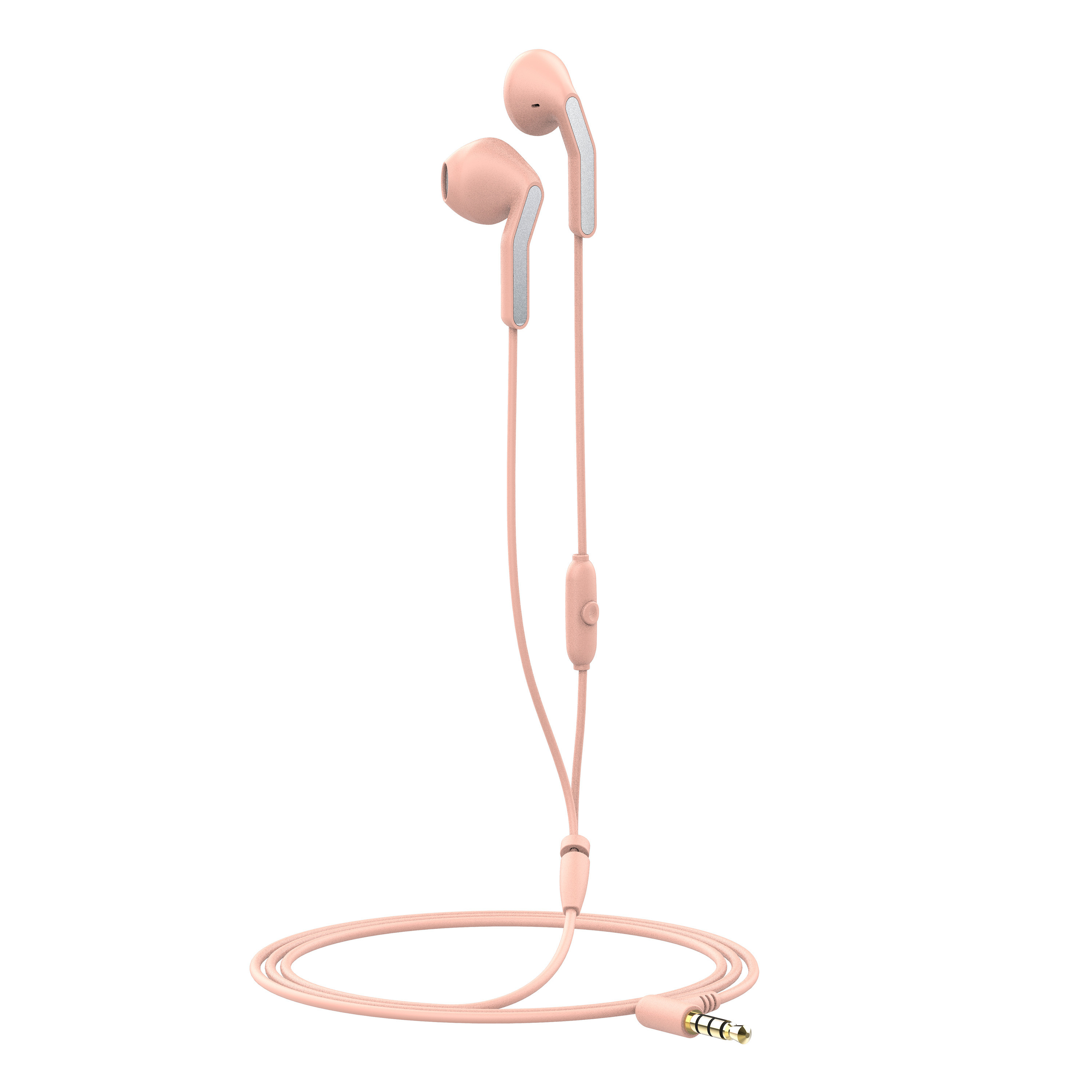 Auricolari rosa con microfono e cavo.