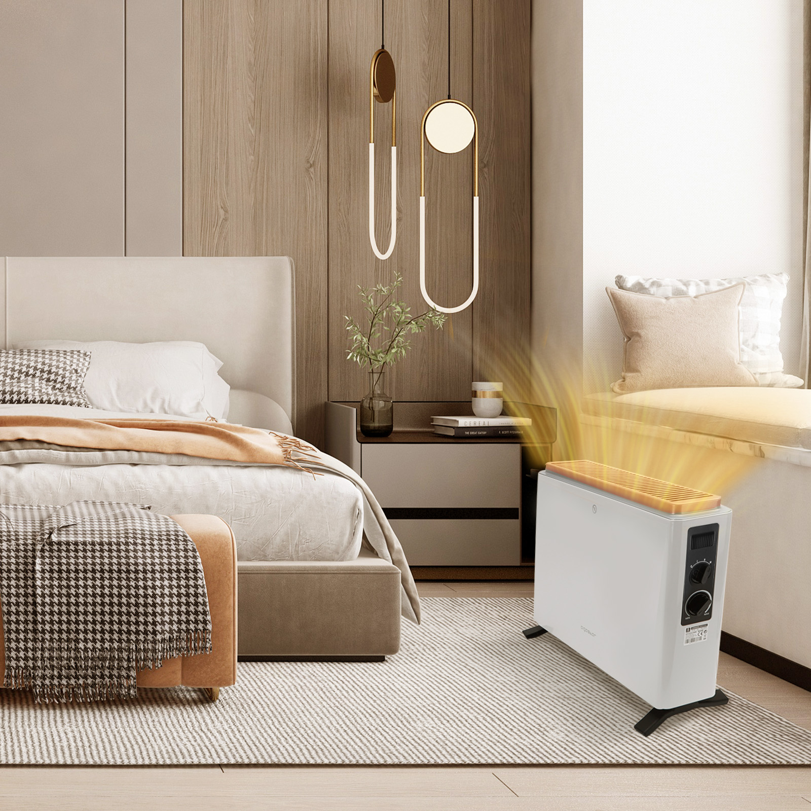 Eine weiße elektrische Heizung in einem Schlafzimmer. Sie hat eine Holzplatte und einen Bedienknopf.