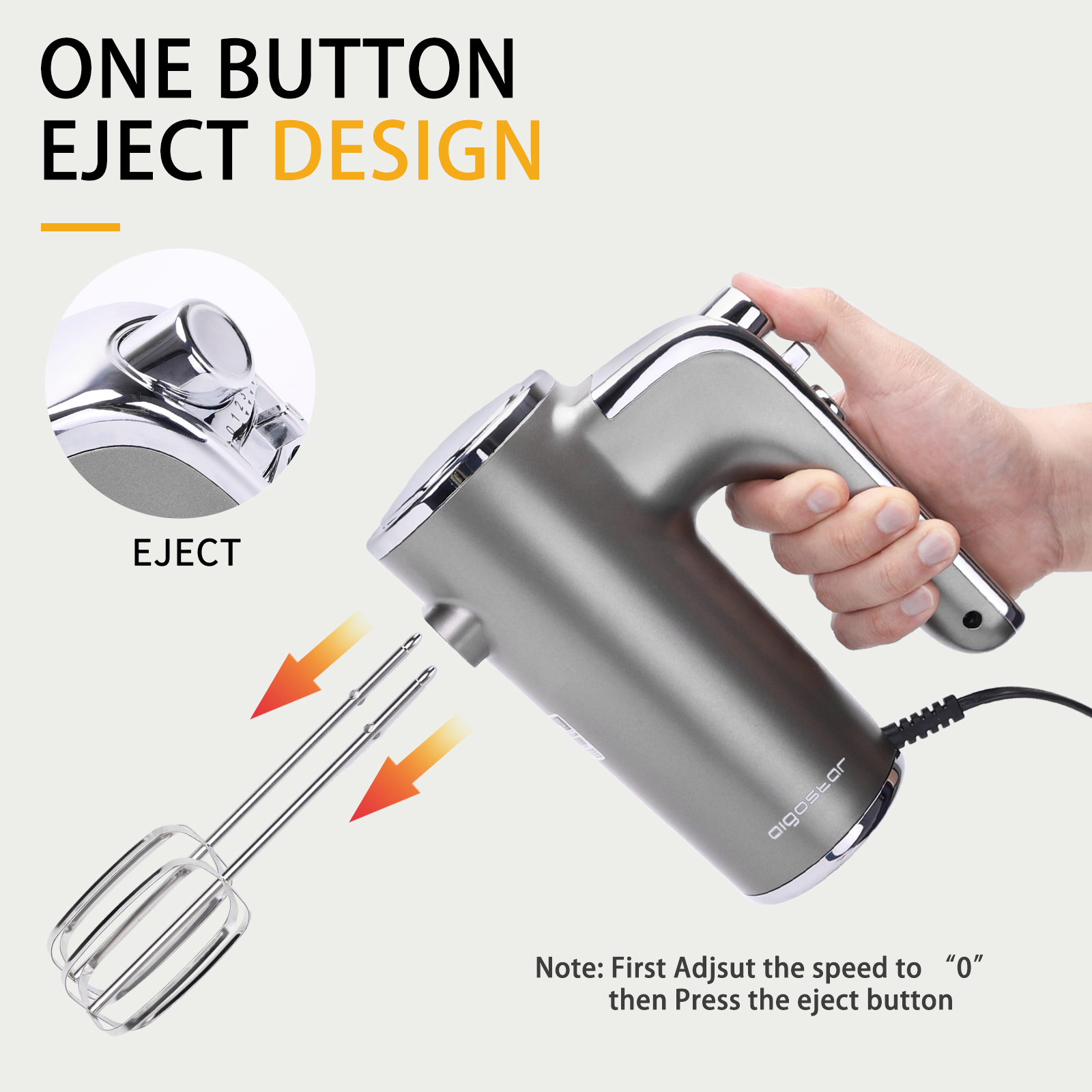 Ein silberner Handmixer mit Pfeilen, die die Auswurftaste und die Schläger zeigen.