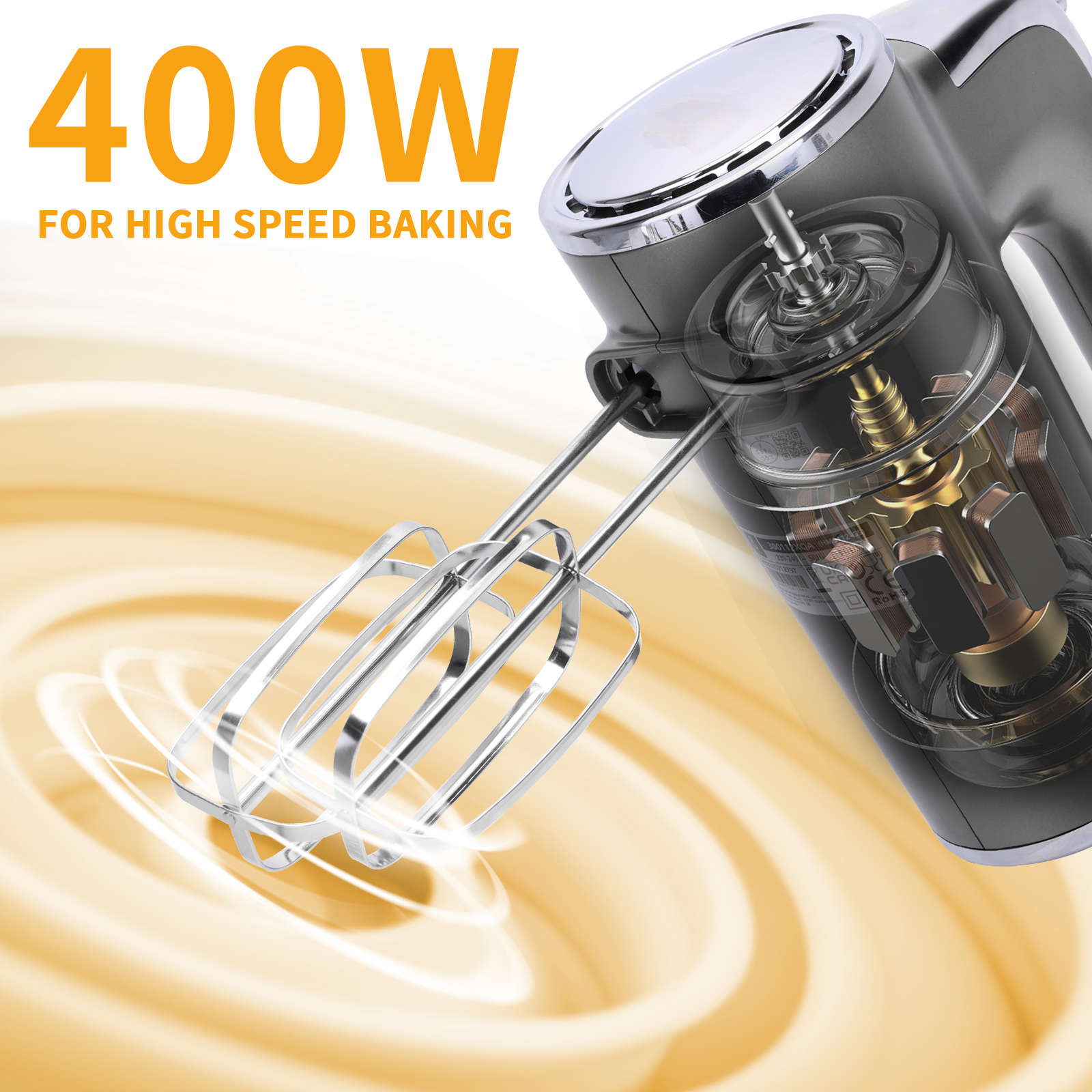 Ein Handmixer mit gelbem Hintergrund. Der Text lautet: '400W FOR HIGH SPEED BAKING'.