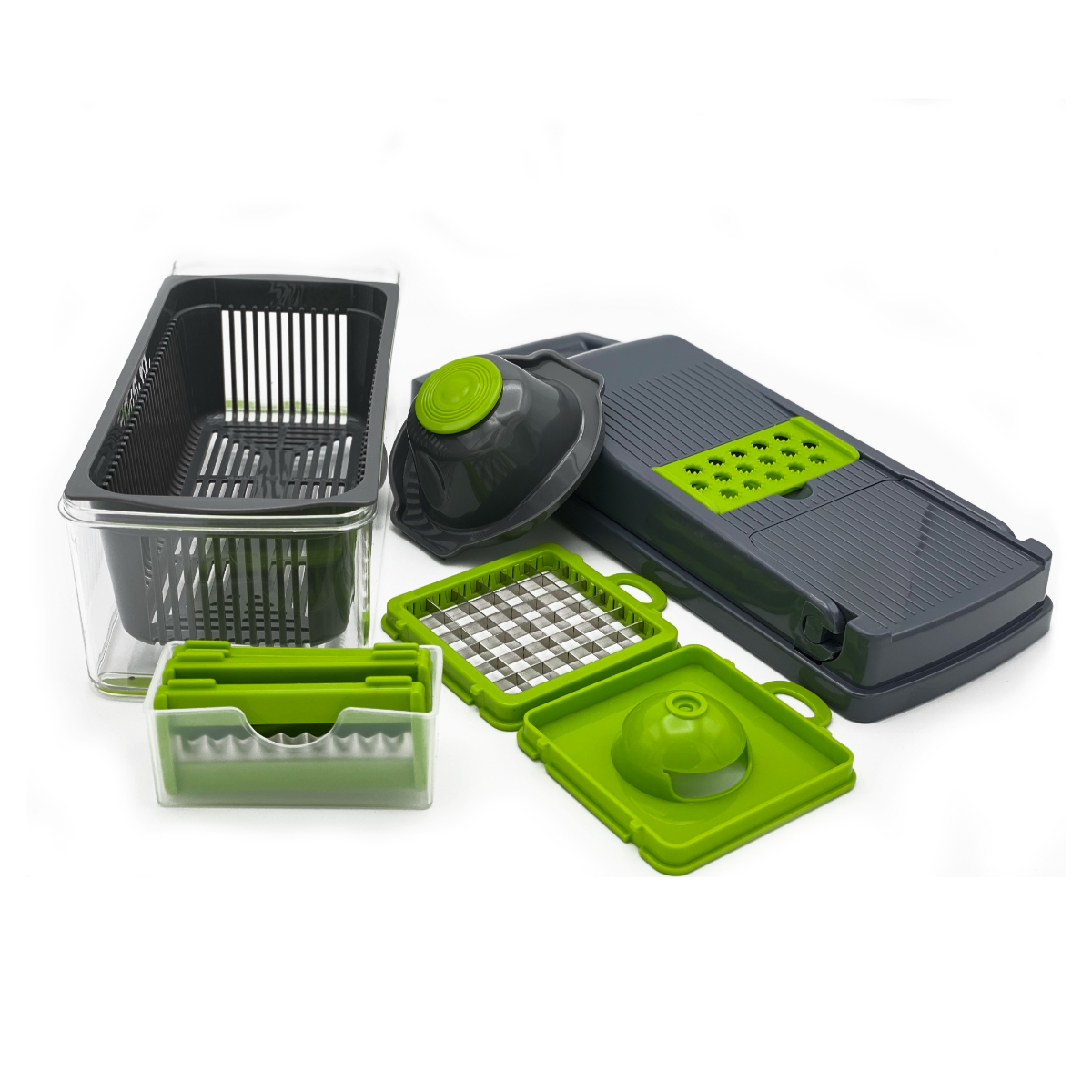 Juego de cortador de verduras, compuesto por un contenedor, múltiples cuchillas y una tapa, todo en verde y gris.