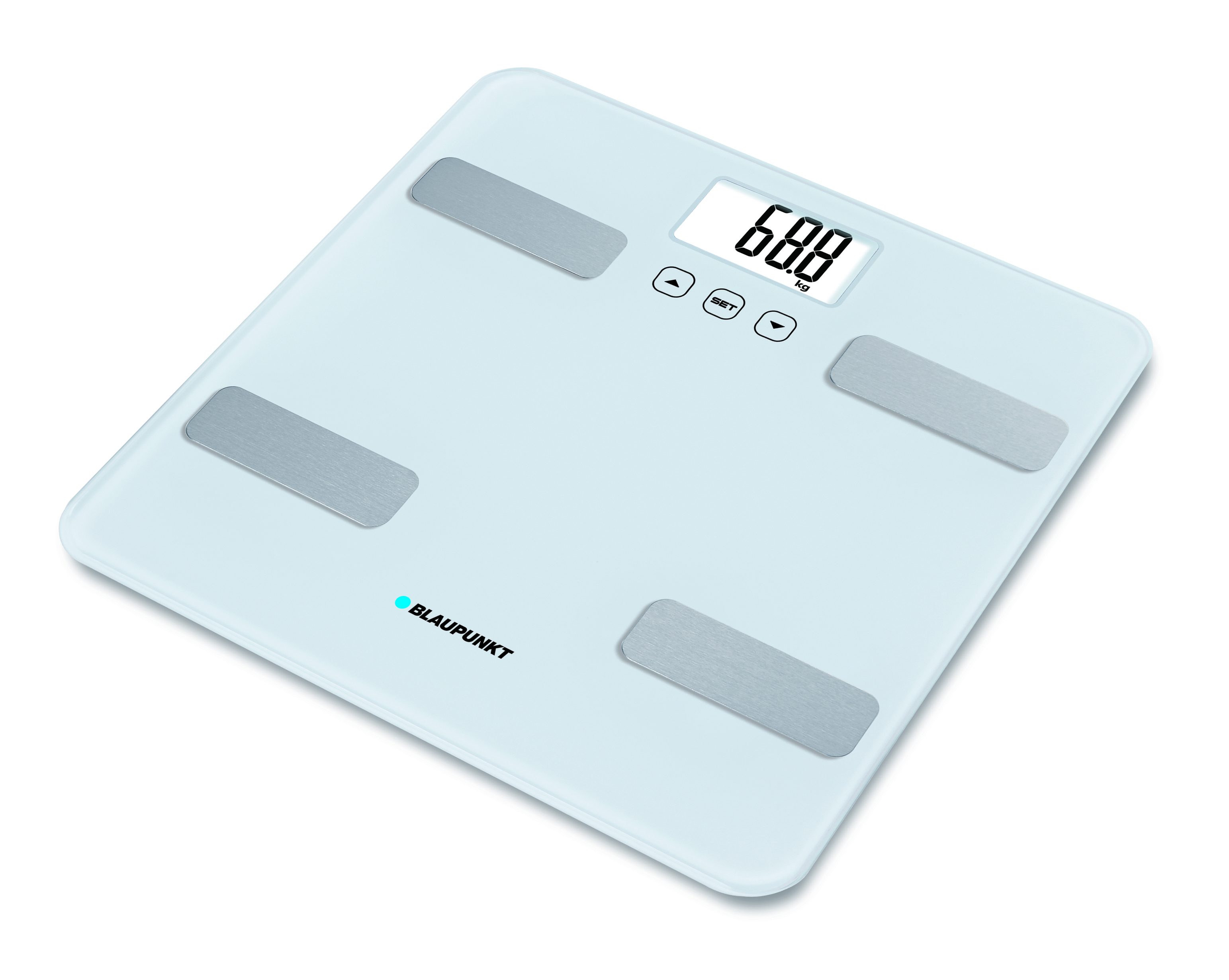 Witte digitale weegschaal. Display toont 68,8. Vier zilveren pads. Merk Blaupunkt.