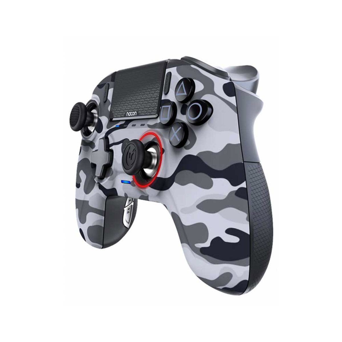 Spielcontroller mit Tarnmuster mit Knöpfen und Joysticks auf weißem Hintergrund.