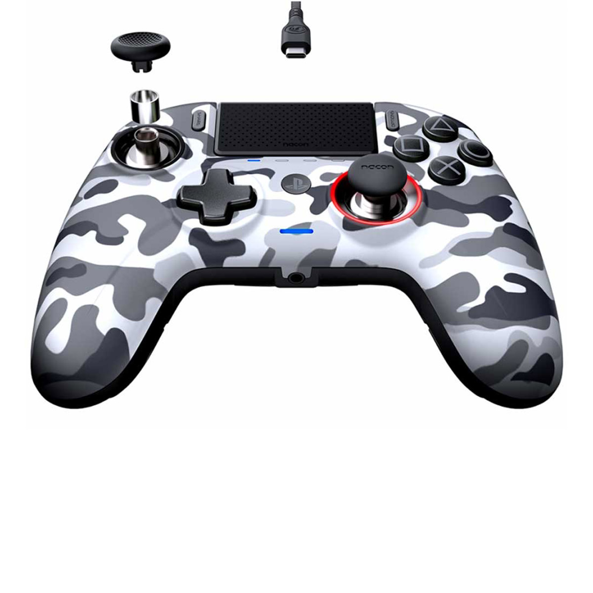 Tarnmuster-Gamecontroller mit abnehmbaren Teilen, einschließlich eines USB-Kabels.
