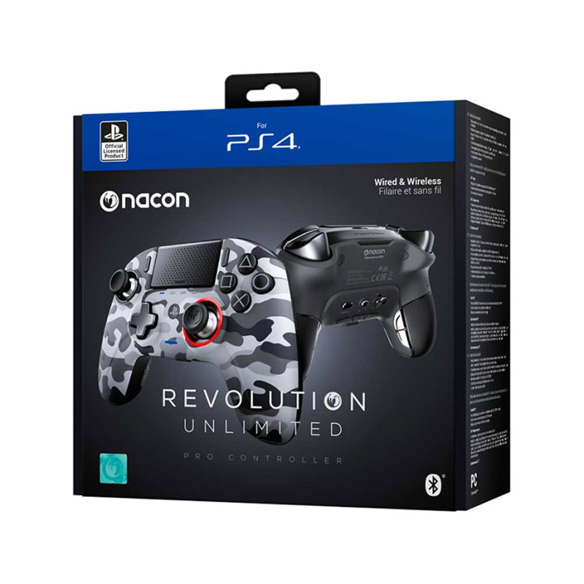 Spielcontroller-Box, weißer und Camo-Controller. Text: REVOLUTION UNLIMITED PRO CONTROLLER.